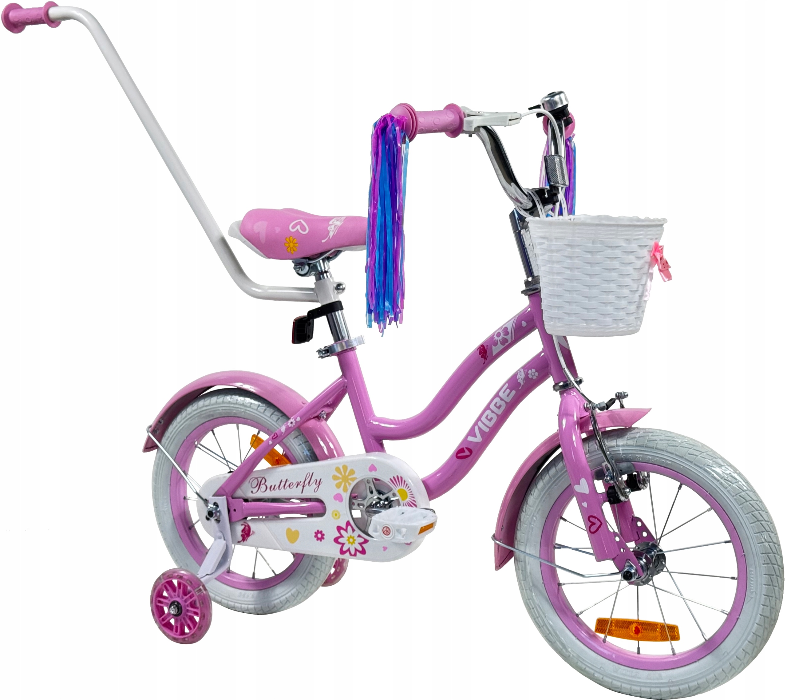 Rowerek Dziecięcy 14 Cali Prowadnik Boczne Koła Rower Kosz dla dziewczynek
