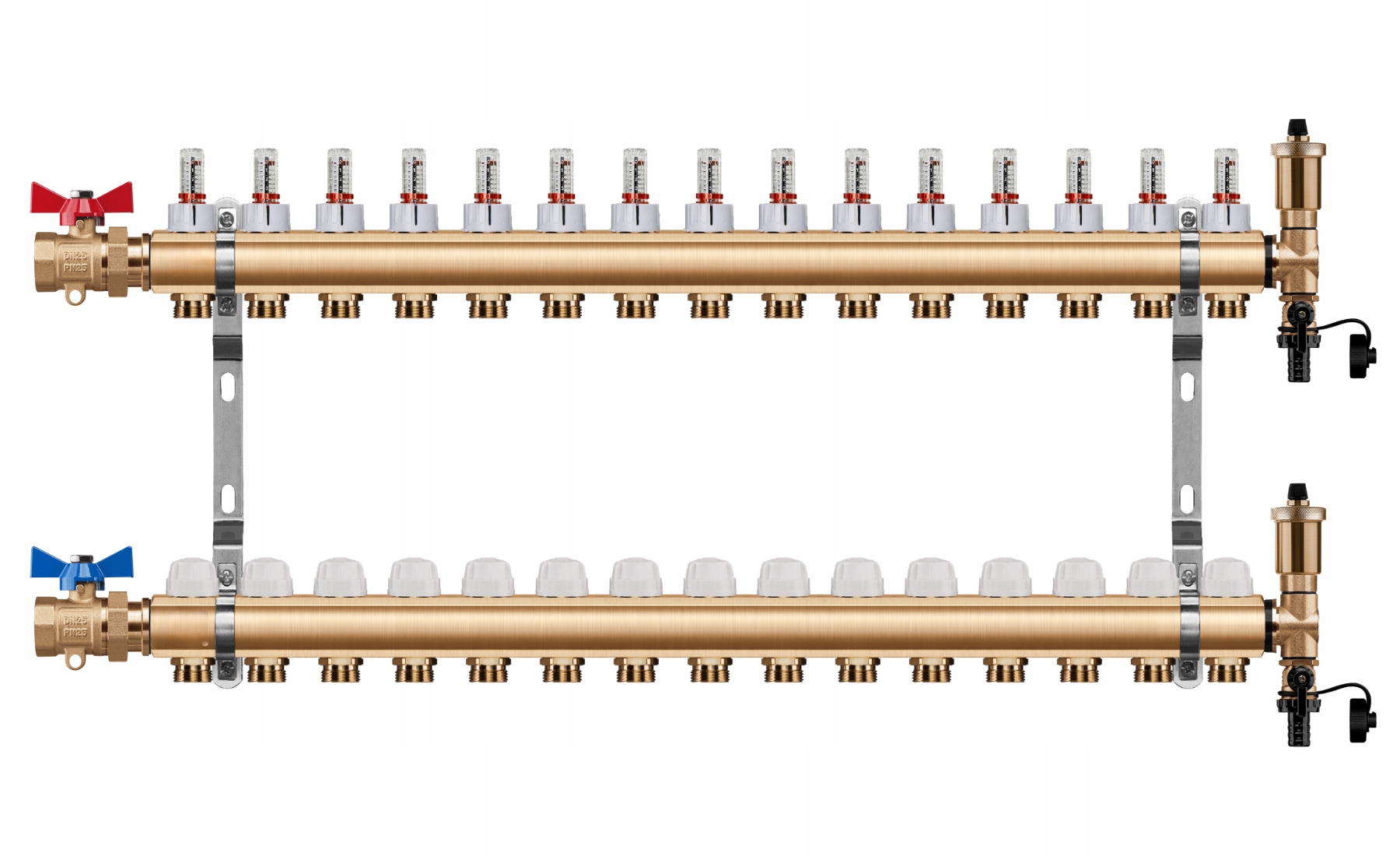 Rozdělovač Podlahového Vytápění 15 Okruhů Rovný Kulový Ventil Pex