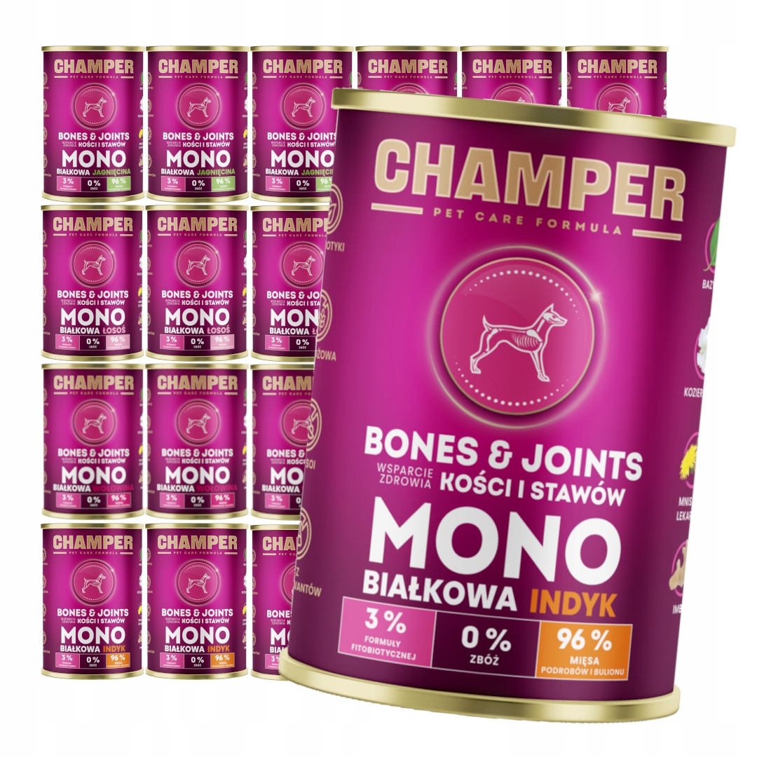 Levně Champer Bones&Joints 24x400 g Monoproteinové Vlhké Krmivo pro psy Mix Chutí