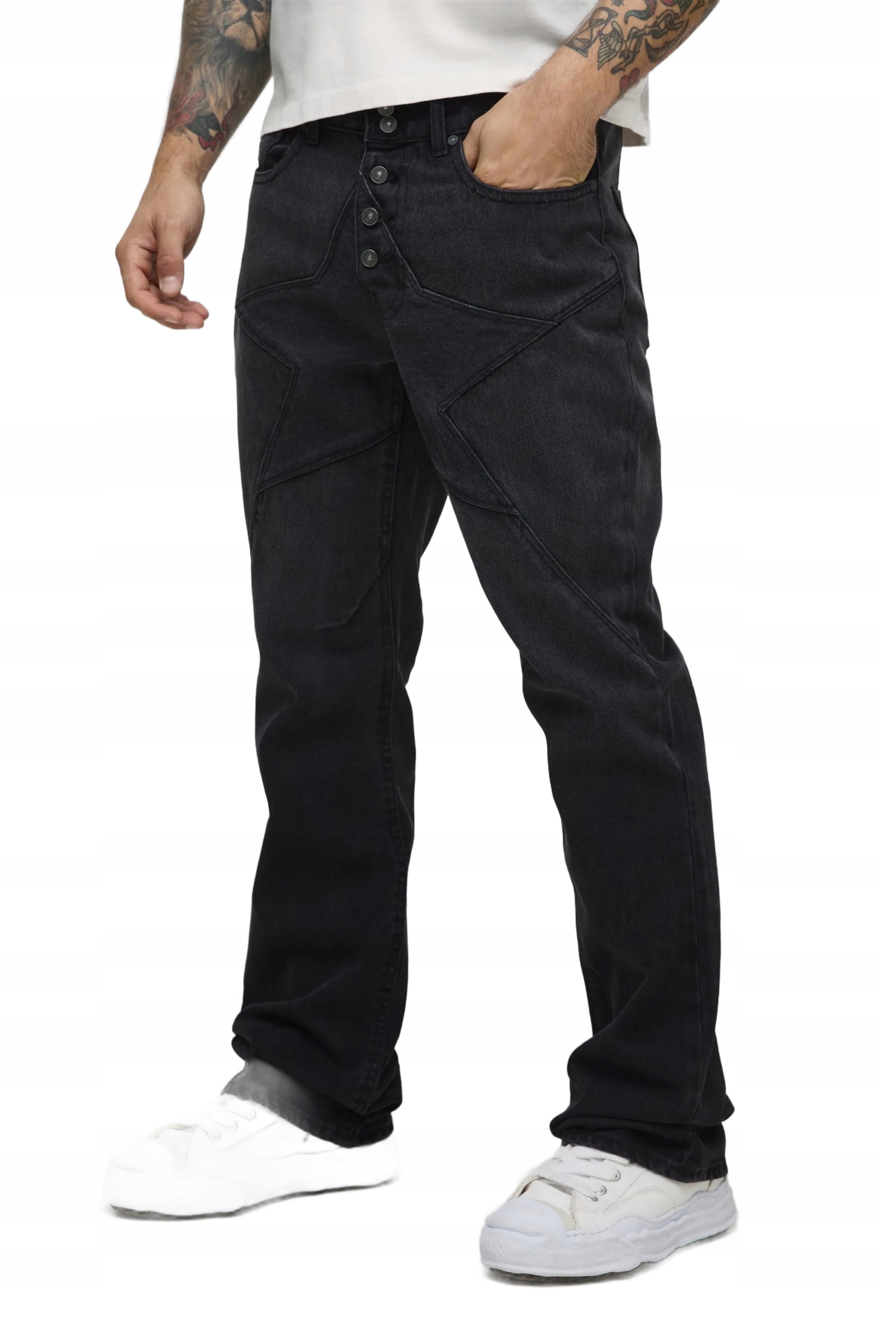 Boohooman Pánské Džíny Jednoduché Černé S Knoflíky A Šitým Vzorem 32 Z3A