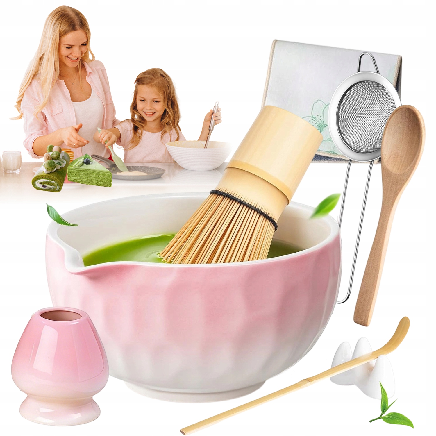 Sada Na Matchu Keramická Miska Růže Sítko Šlehací Metla Lžíce Stojan Ručník