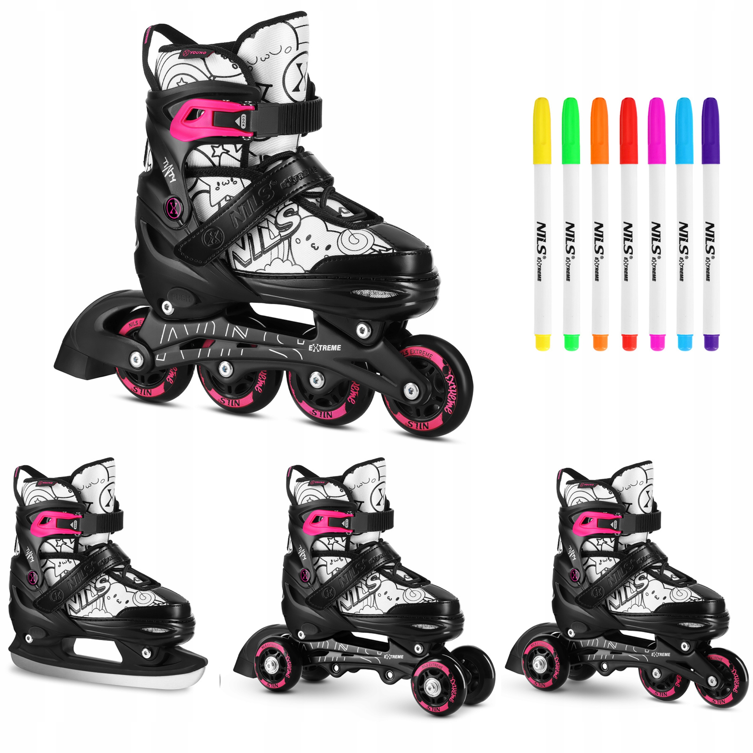 Brusle 2v1 4v1 35-38 růžové kolečkové brusle s tužkami na malování Nils Extreme