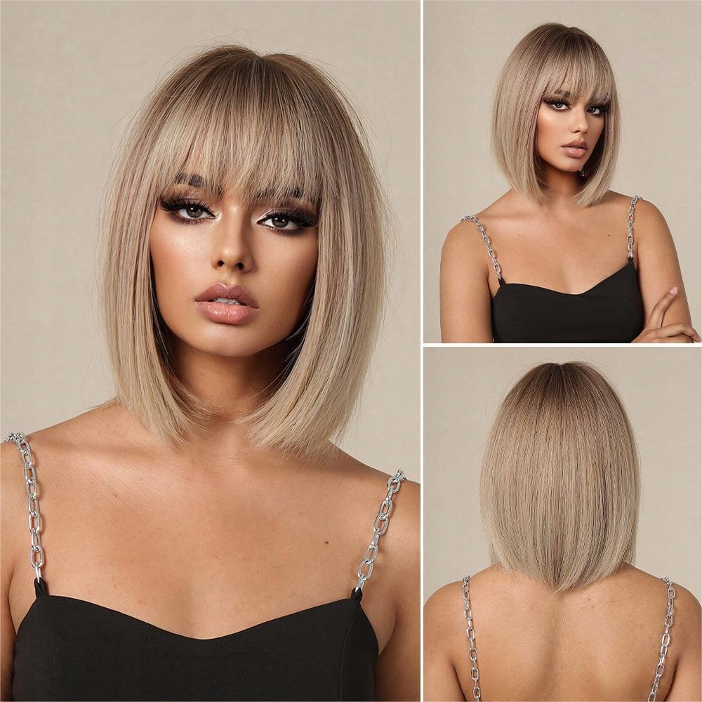 Dámská paruka Bob Ombre Blond Vlasy Přírodní 35 cm s ofinou