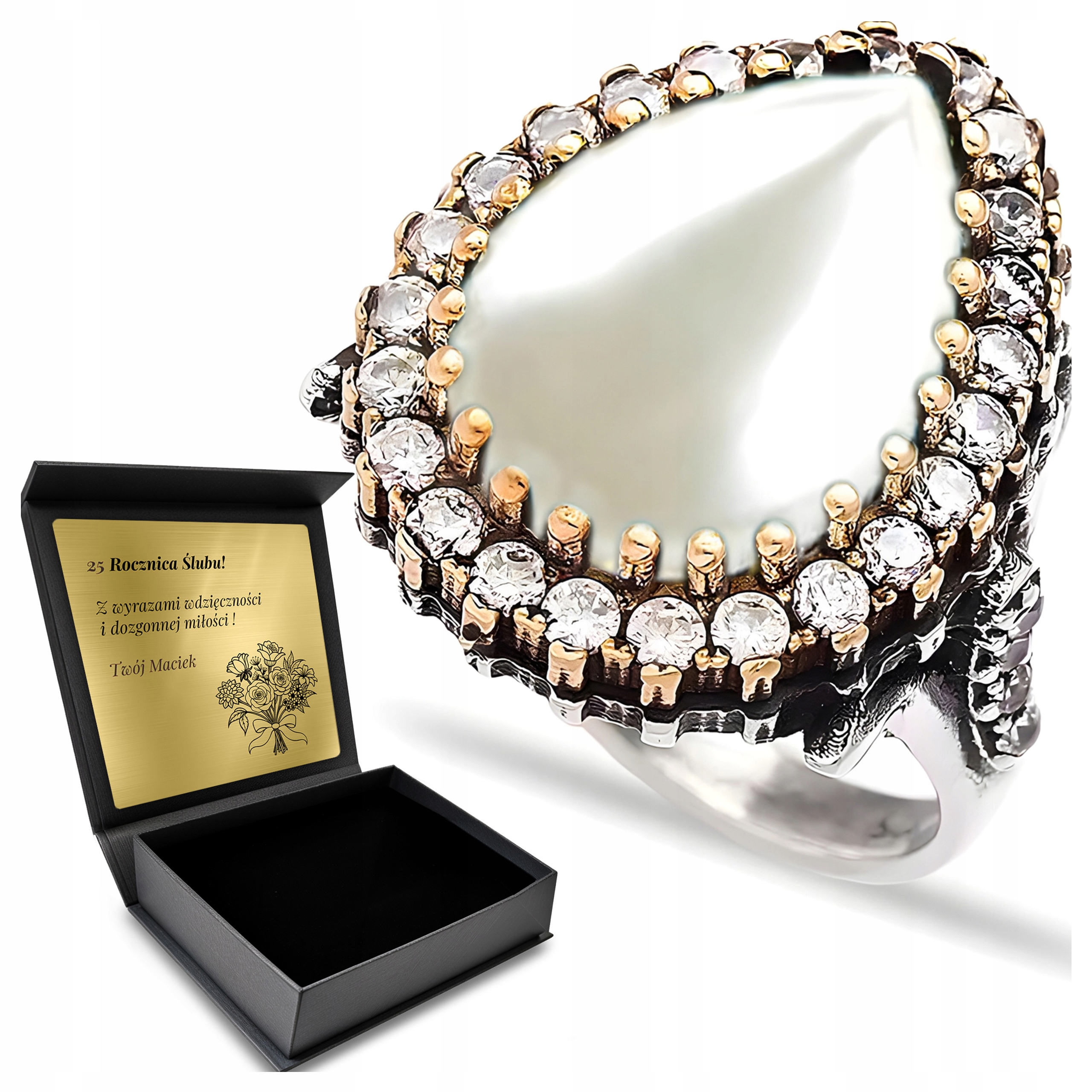 Prstýnek 925 S Zirkony A Perlou Valentýna Gravírování Bonus