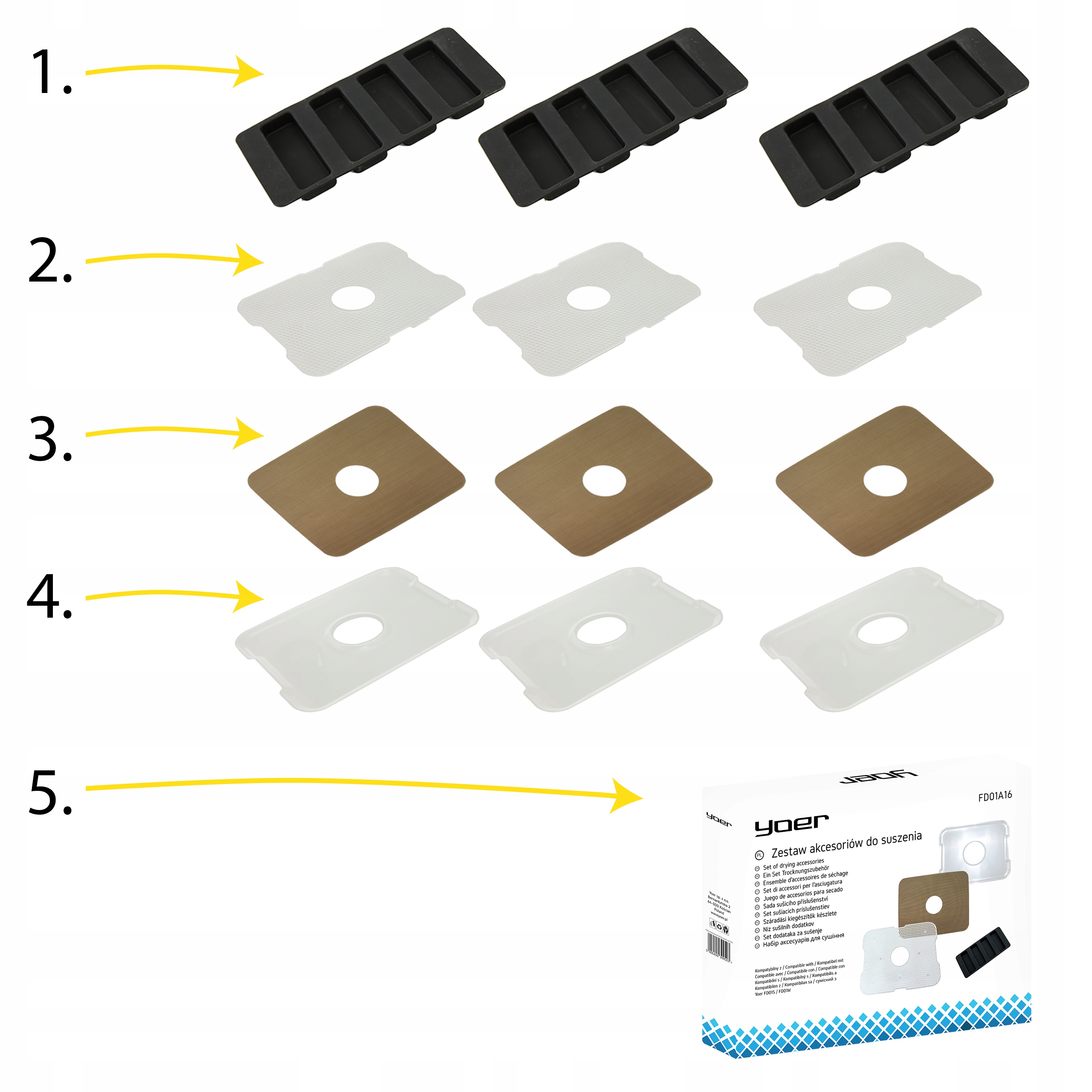 Zestaw akcesoriów do suszarki Zioła Musli Rolki owocowe Ciastka Yoer FD01S Stan opakowania oryginalne
