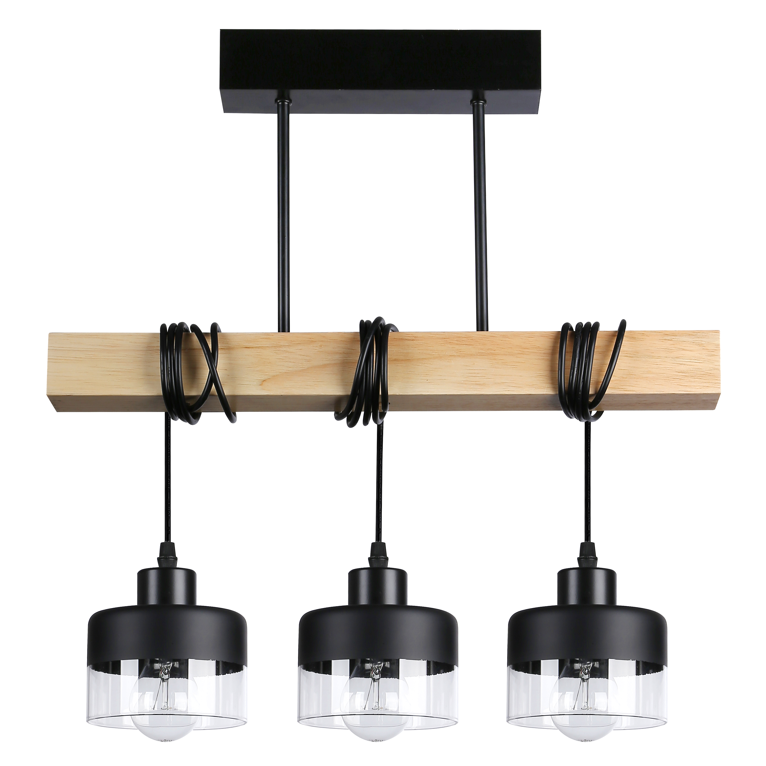 Lampa sufitowa wisząca żyrandol Led 3x E27 oprawa Loft Drewno szklana