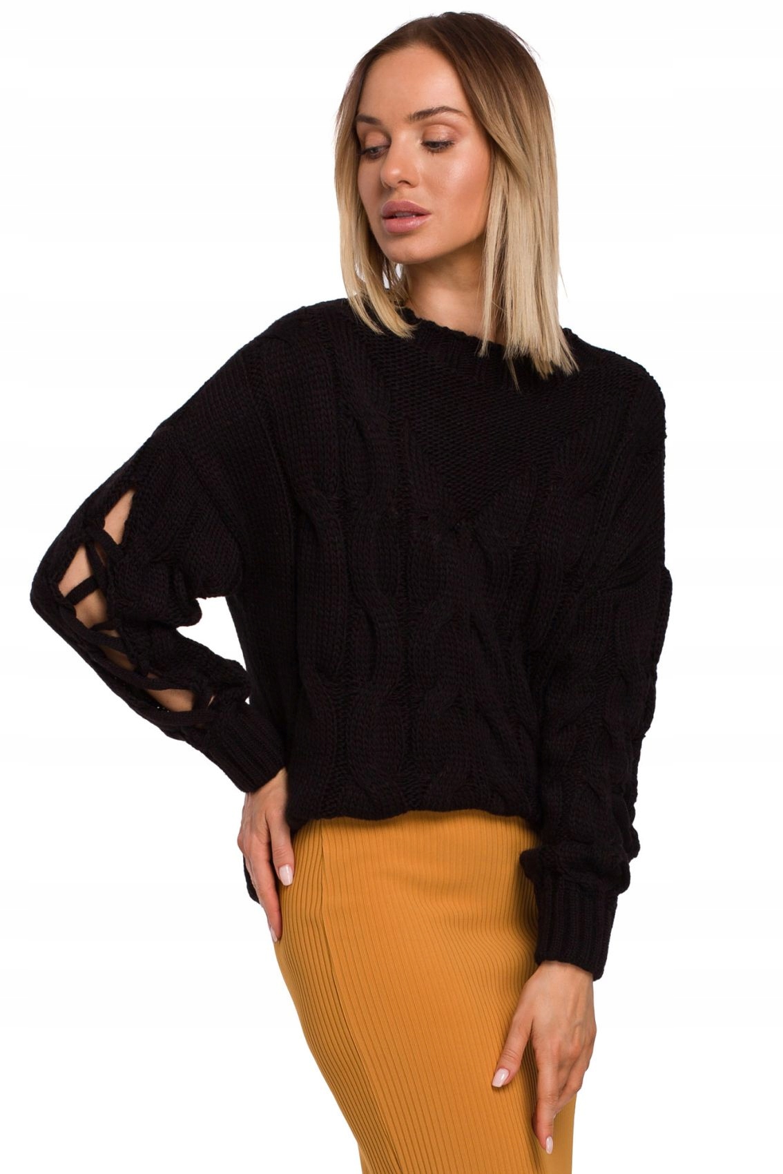 

M539 Sweter z dziurami na rękawach - czarny L/XL