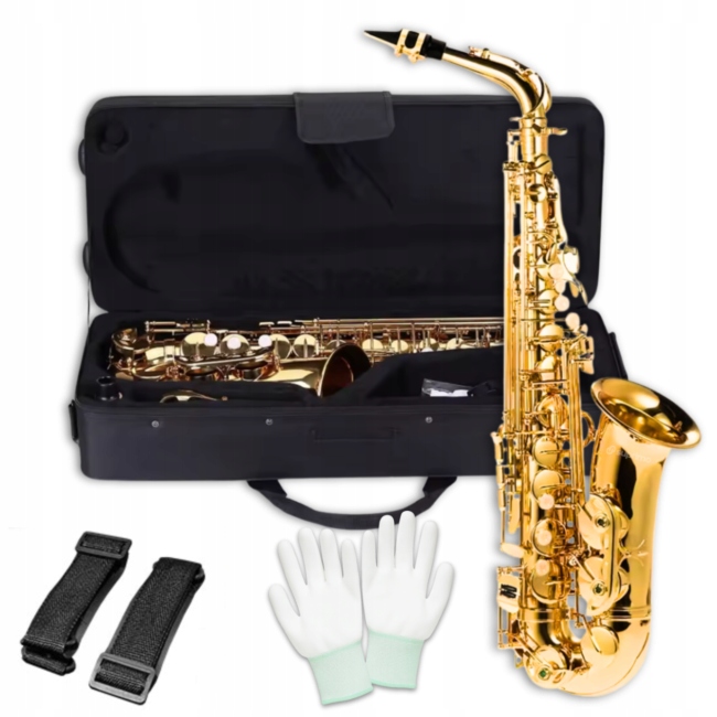 SUPRIMO ALTO SAXO SAKSOFON ALTOWY Eb MOSIĘŻNY RĘKAWICZKI PASEK ŚCIERECZKA