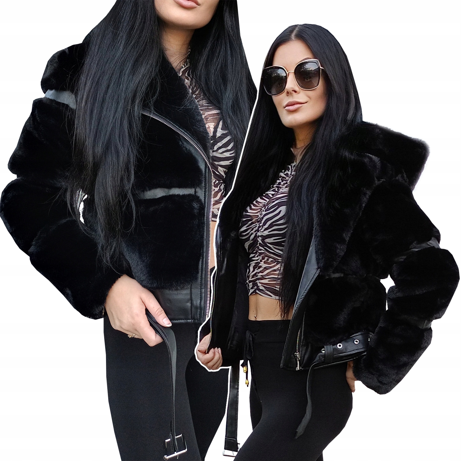 Černá Motorkářská Bunda, Kožešina S Kapucí
