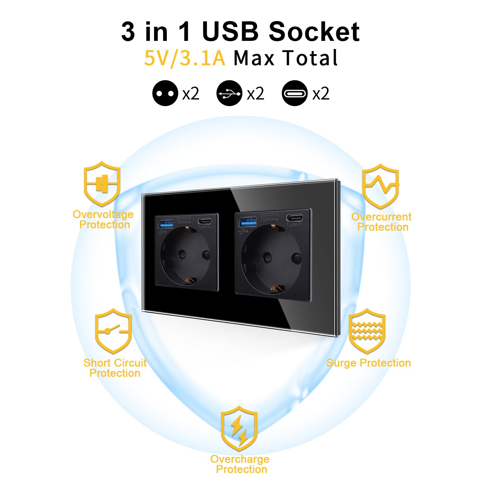 JIMEIDA Podwójne Gniazdo USB 20W Czarne Szybkie Ładowanie Typ C 250V 16A — miniatura 6