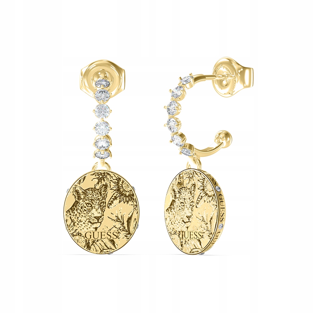Náušnice Guess Závěsné kolečko s Tygrem zirkon ocel zlatá tyčinka