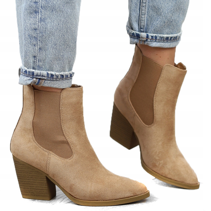 Béžové hnědé nízké kovbojské boty klasické zateplené semišové kotníkové boty na podpatky
