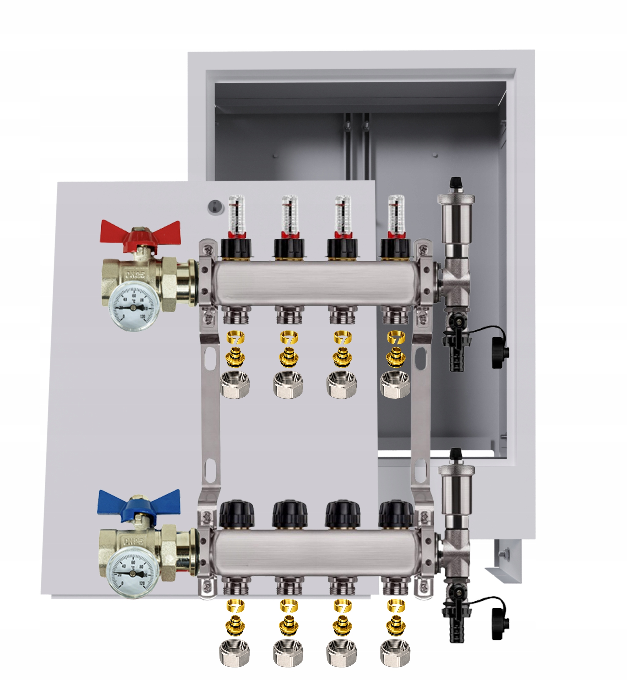 Rozdělovač nerezový Podlahovky 4 Obvody Podomítková skříňka Pex