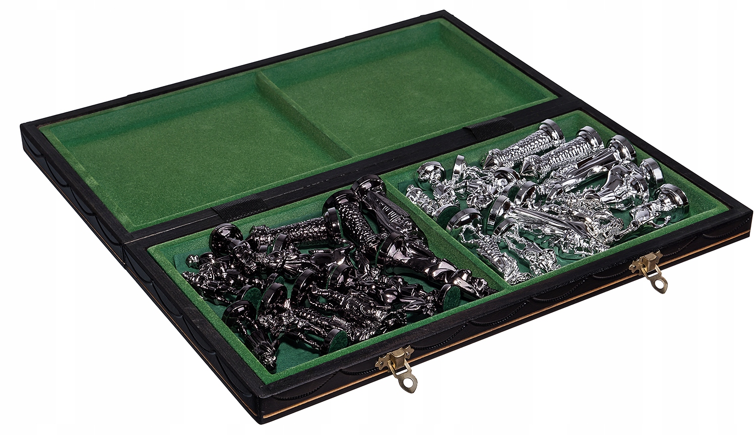 SZACHY ŚREDNIOWIECZNE DREWNIANE SREBRN-CZARNE DUŻE Stan opakowania oryginalne