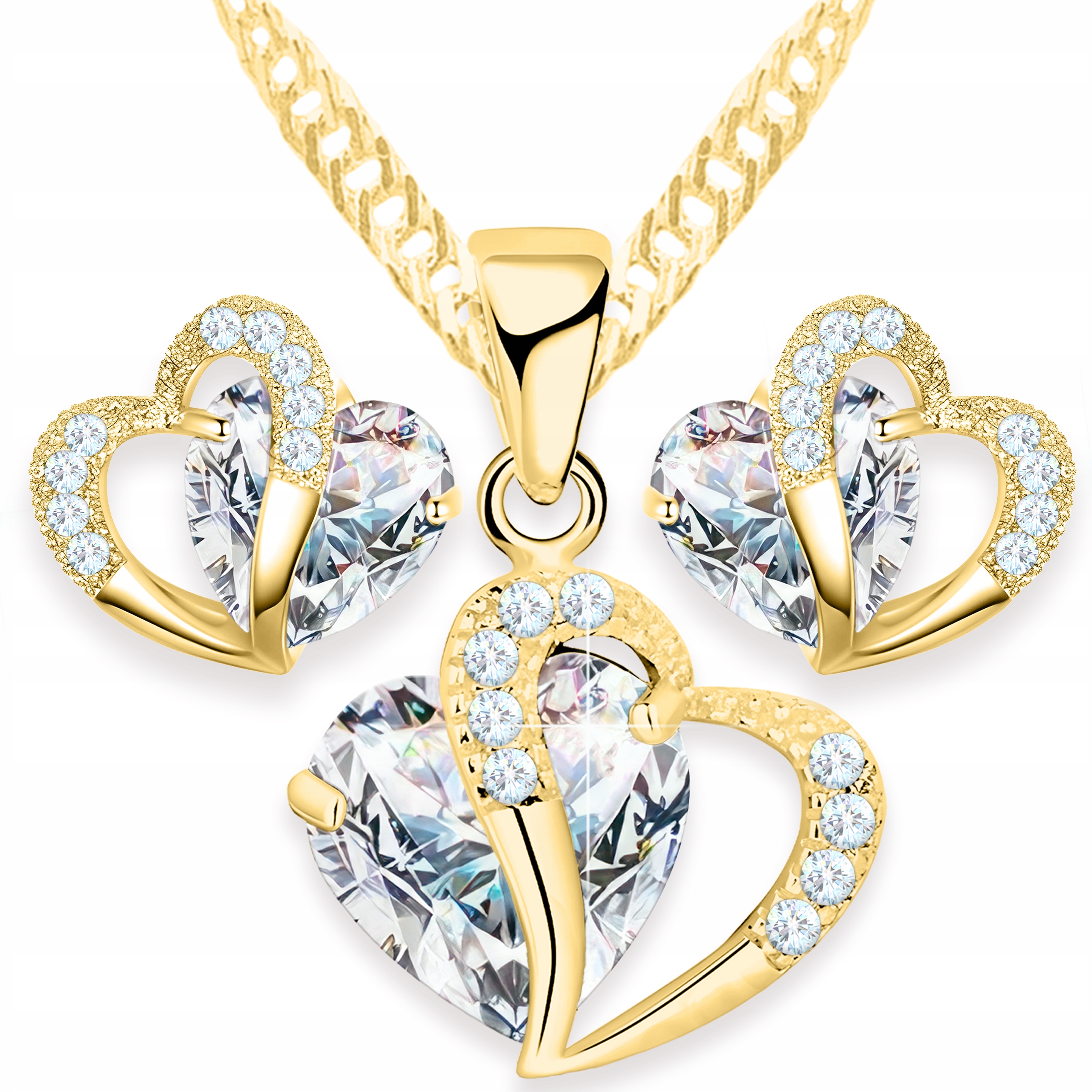 Sada Zlatý náhrdelník Srdce a Náušnice Bílé Křišťálové Srdce Stříbro 925
