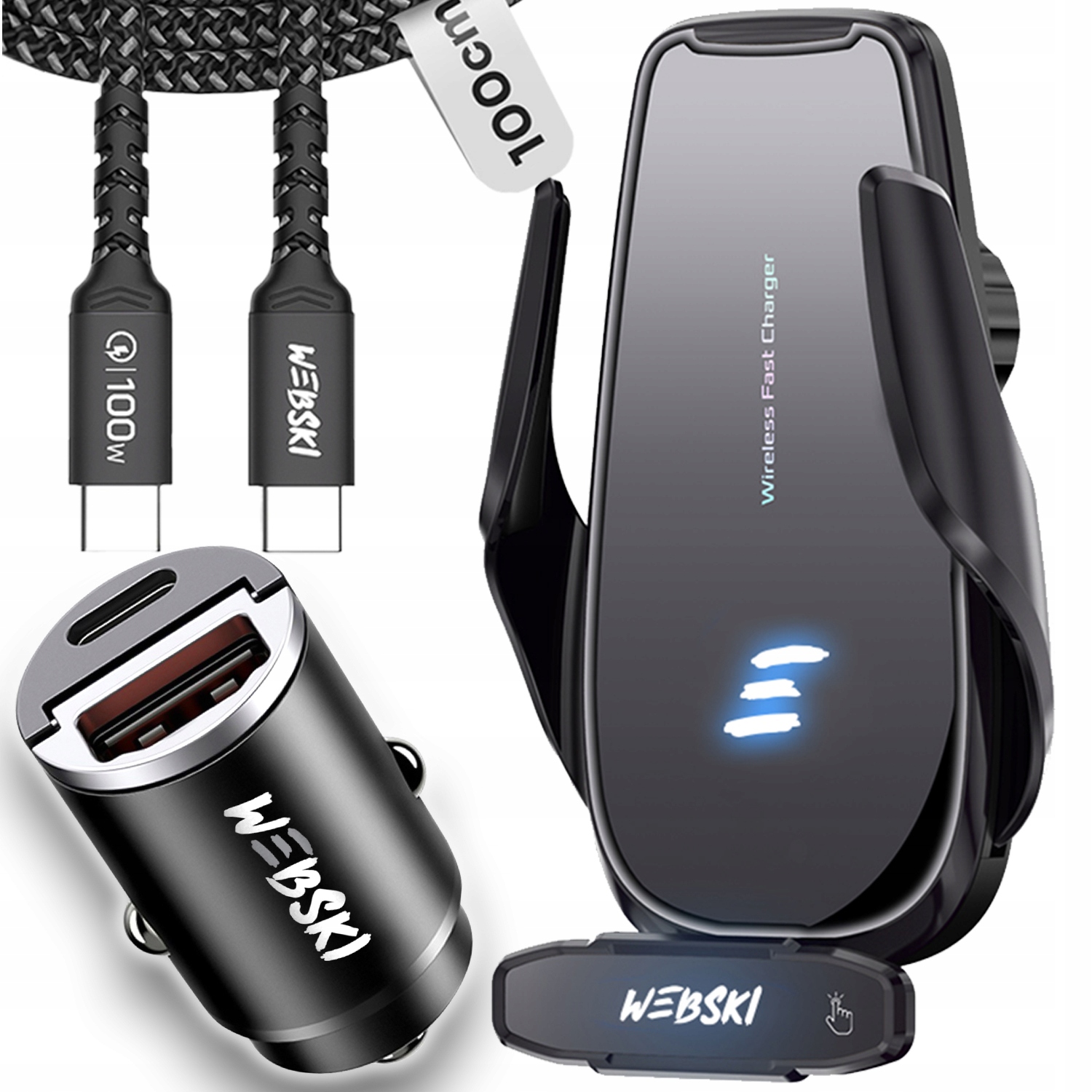 Uchwyt Samochodowy Do Telefonu Z Ładowarką Indukcyjną Kabel Usb C-C 100W 1m