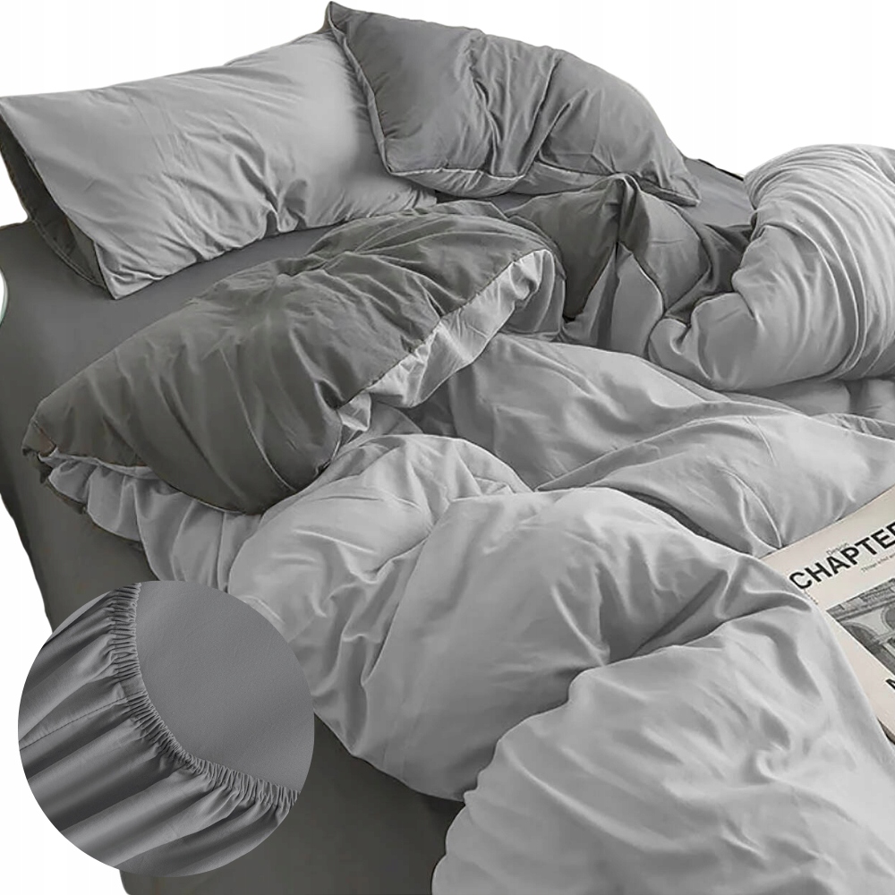 Komplet pościeli 160x200 prześcieradło z gumką gładka dwukolorowa szara