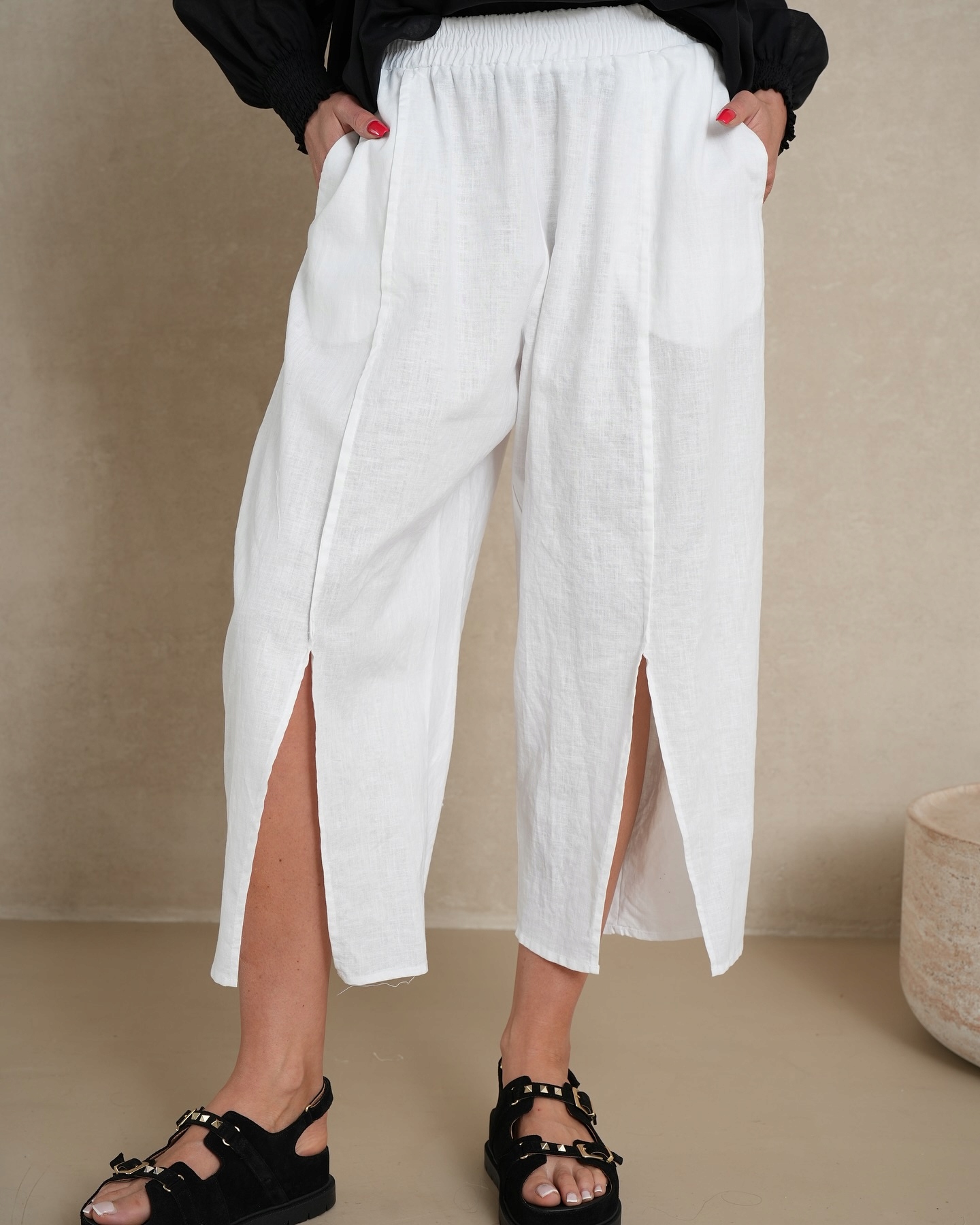 By O La La...! Oversizové Lněné Kalhoty S Rozparkem Summer Smetana Uni