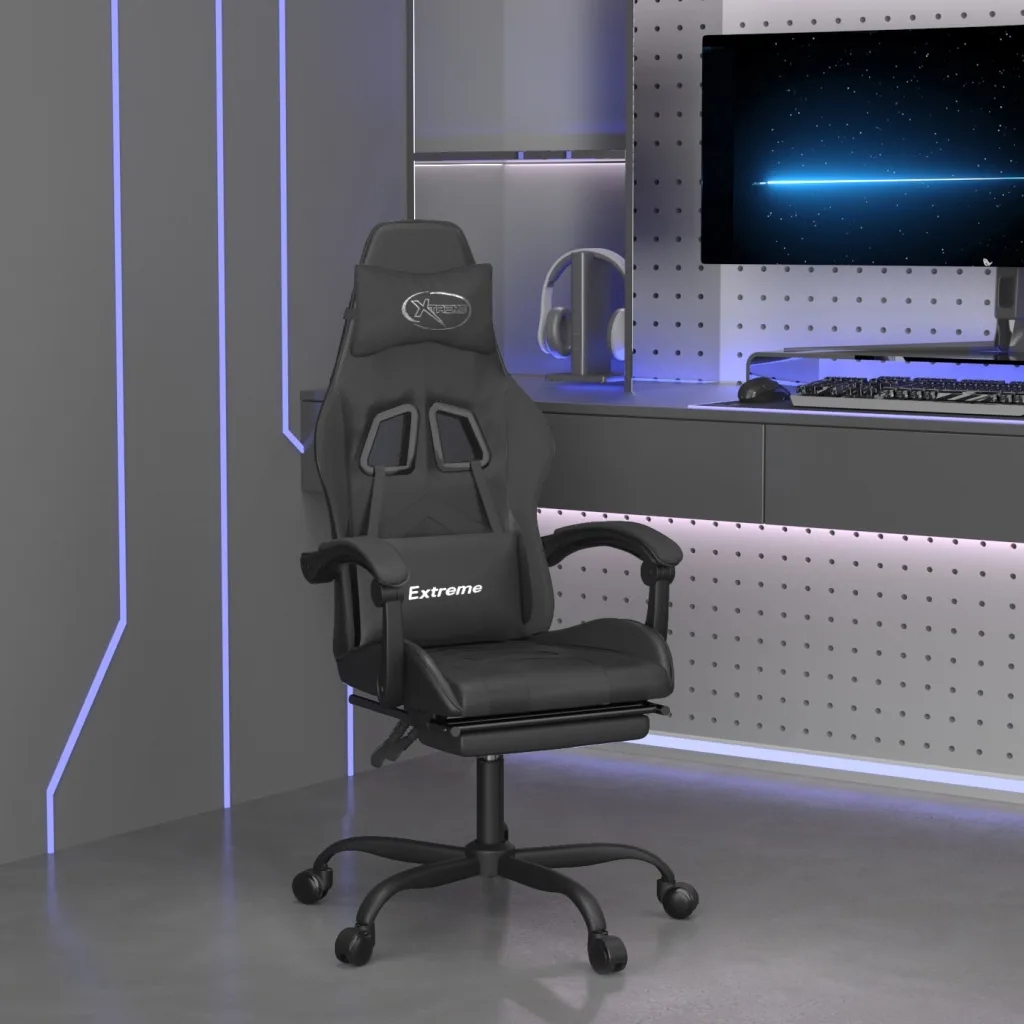 vidaXL Fotel gamingowy z podnóżkiem, czarny, sztuczna skóra