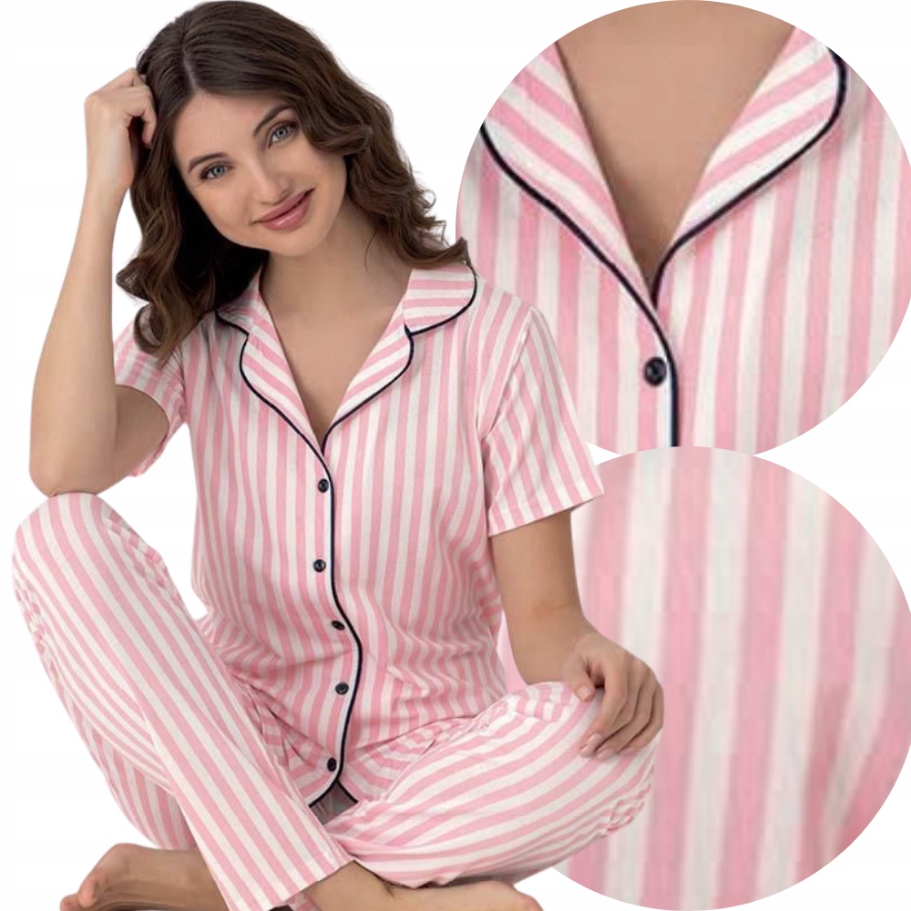 Piżama Damska Bawełniane Dwuczęściowa Rozpinana Krótki Rękaw Długie Spodnie