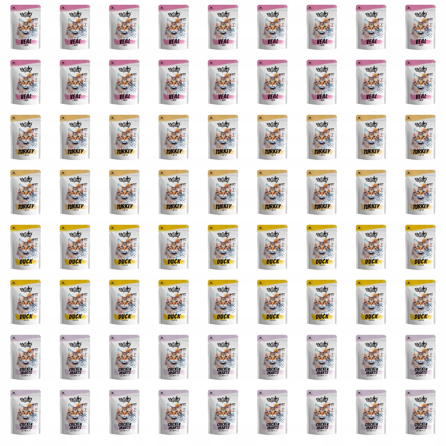 Levně Mokré Krmivo Pro Kočky TufTuf Kapsička MIX Chutí 80x100g Velký Set 8kg