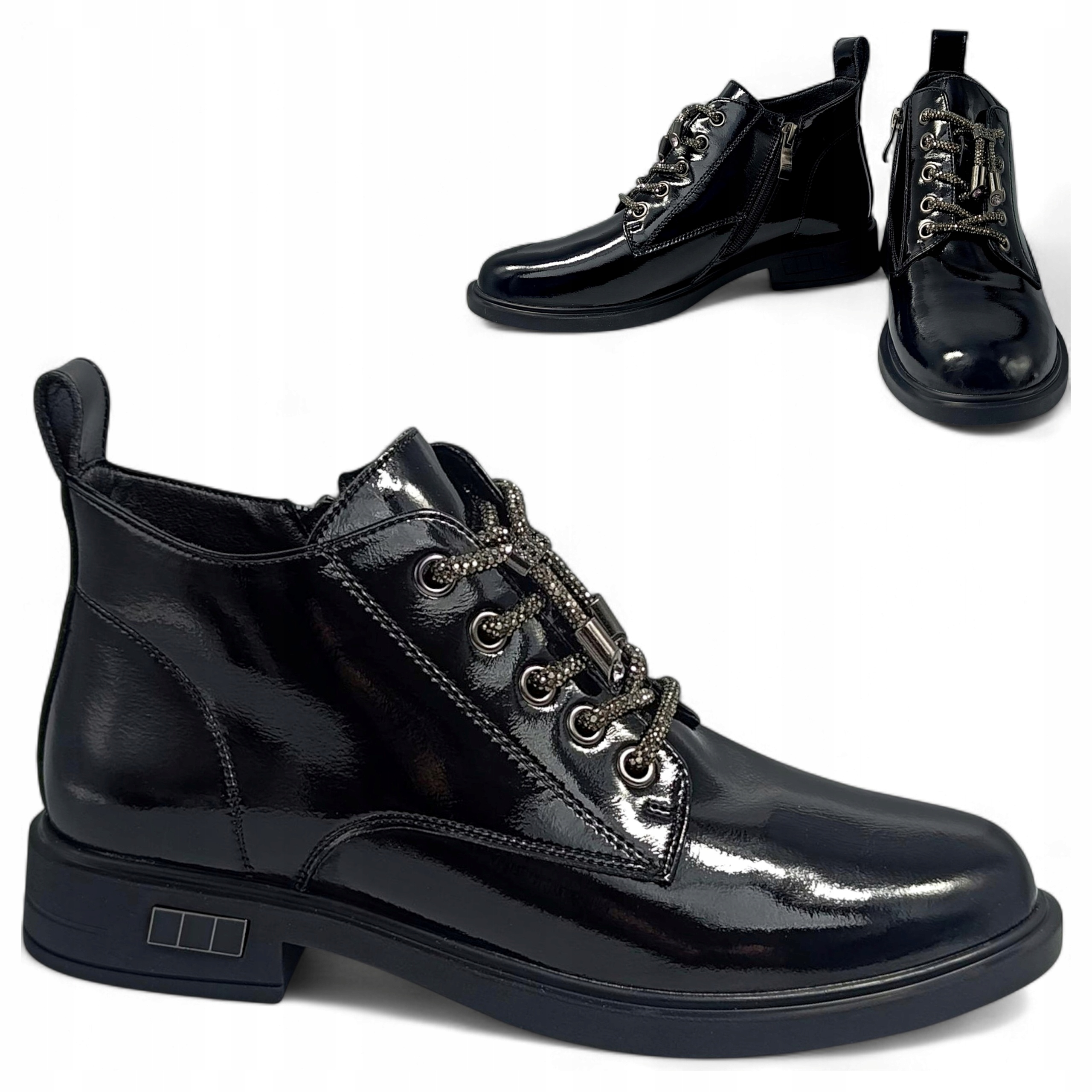 36 Dámské zimní boty z přírodní kůže lakované na nízkém podpatku Barski