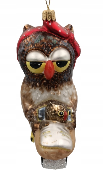 BOMBKI CHOINKOWE SZKLANE Sowa z wózkiem 14x10cm Marka inna