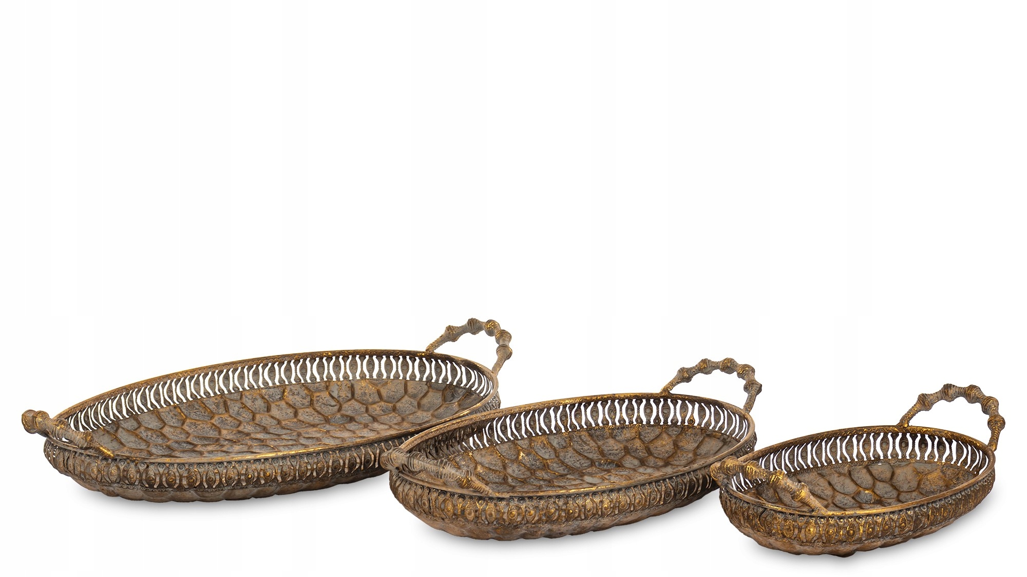 3 x Podnos Zlatý kovový Starnúci Dekoratívny Oválny Retro Loft Antik