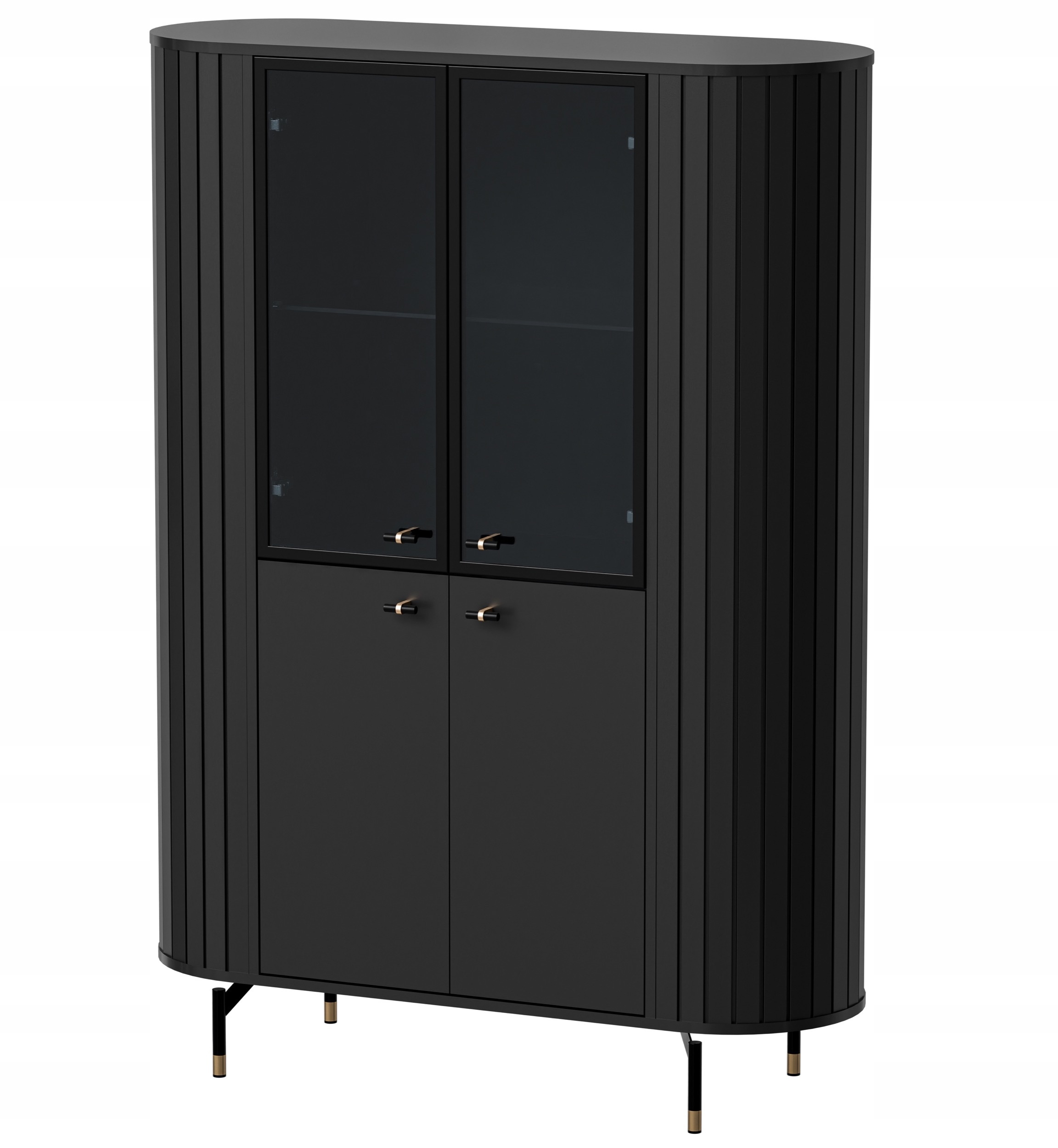 Čtyřdveřová vitrína Zante s drážkami a skleněným čelem, 112 cm, černá