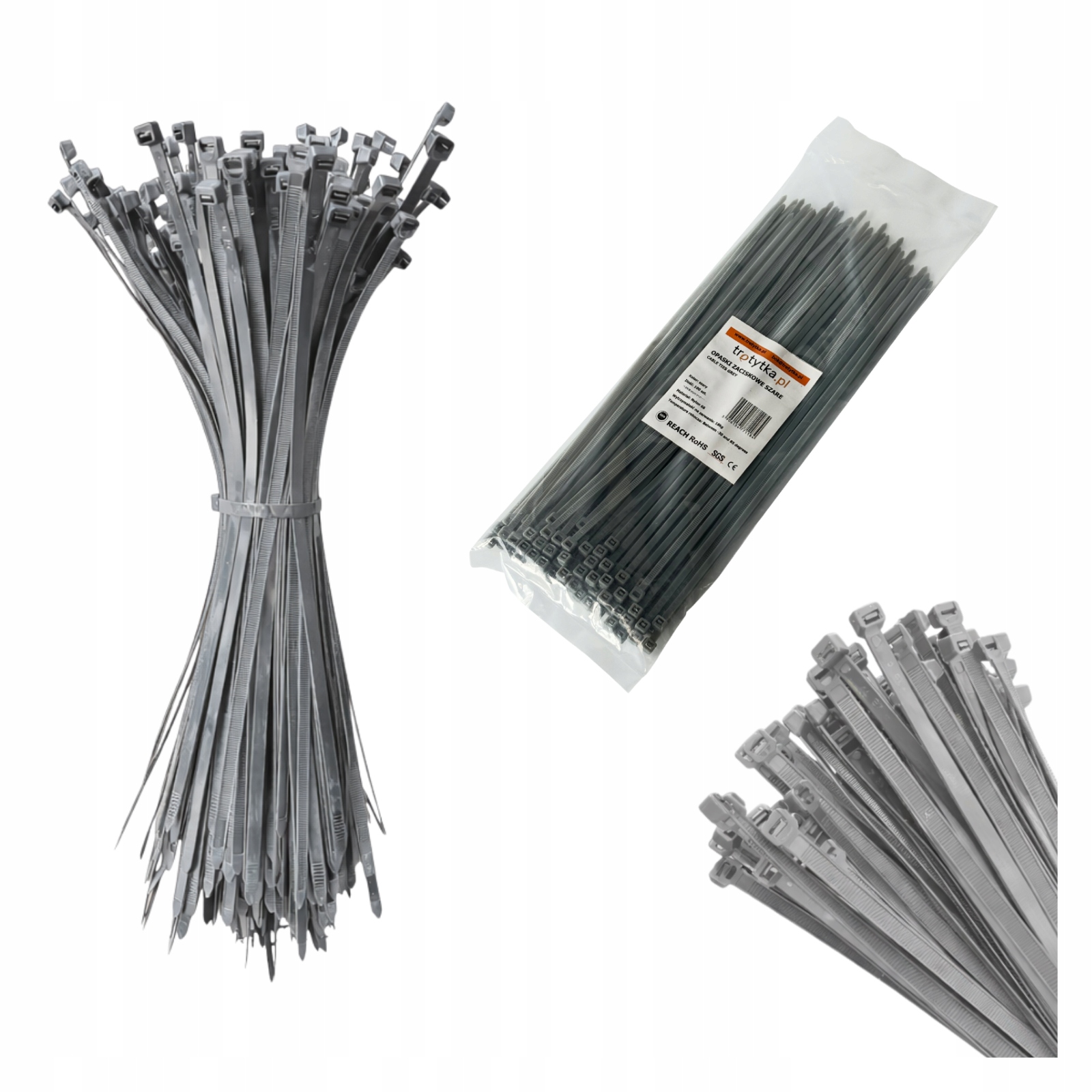 Opaski zaciskowe kablowe trytytki trytki Uv 3,6 x 200 mm, szary 100 szt.