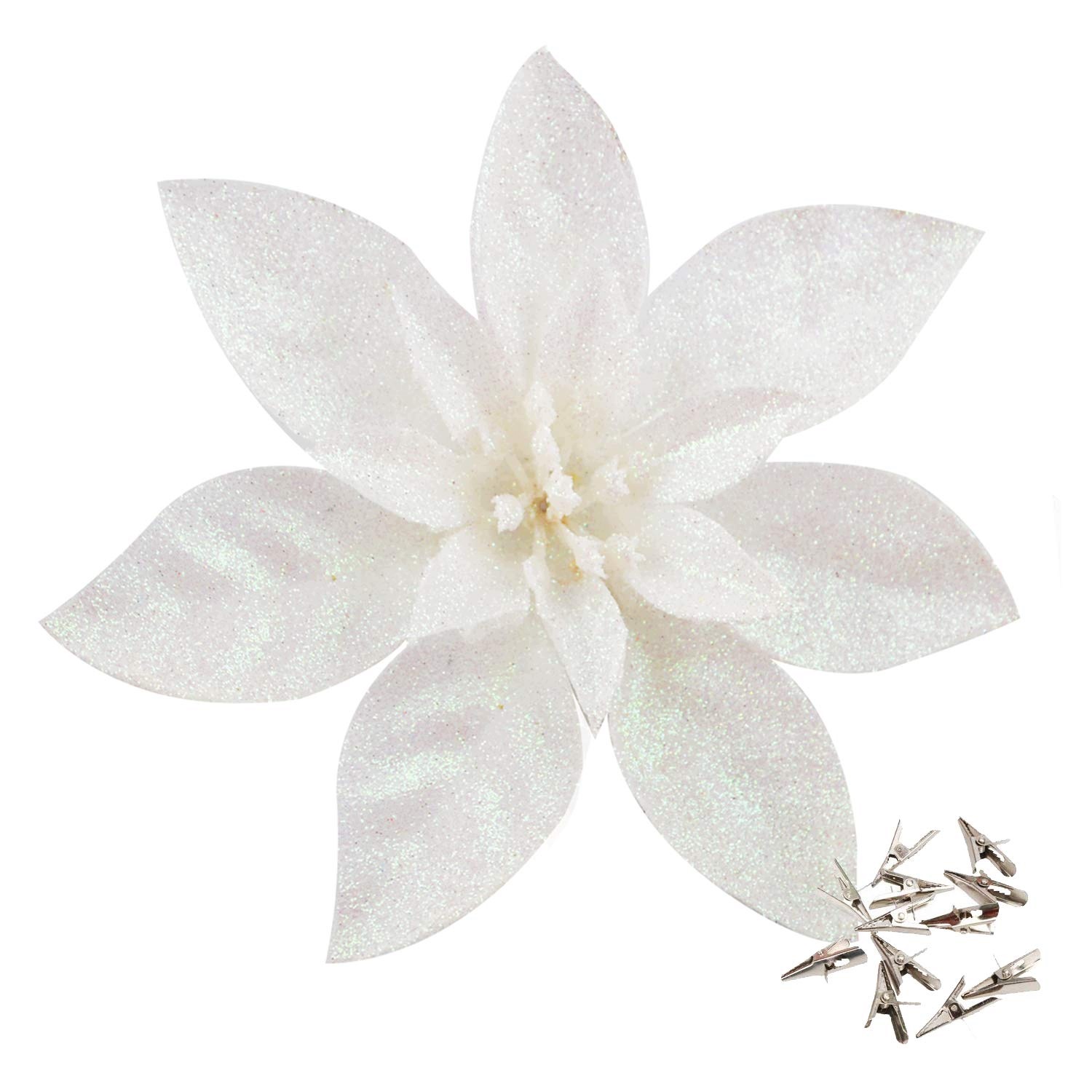 Květy Poinsettie Třpytivé Bílé Na Vánoční Stromeček 16 CM 12 Ks Klipů