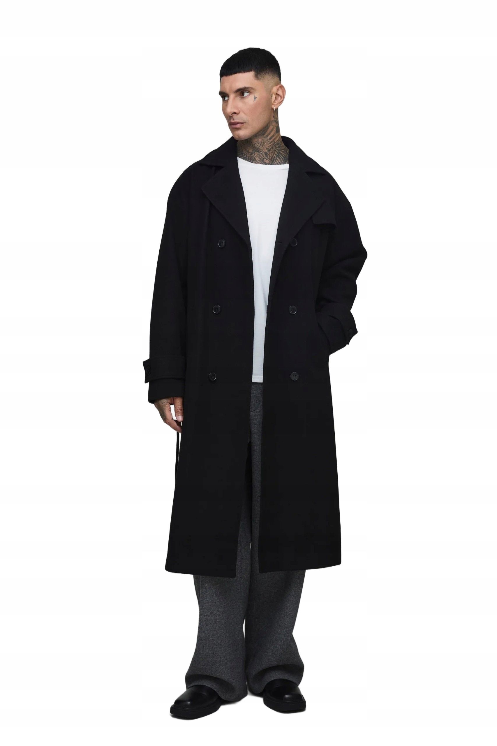 Boohooman Pánský Černý Dvouřadý Kabát Ke Kolenům S Klopami M Z3A