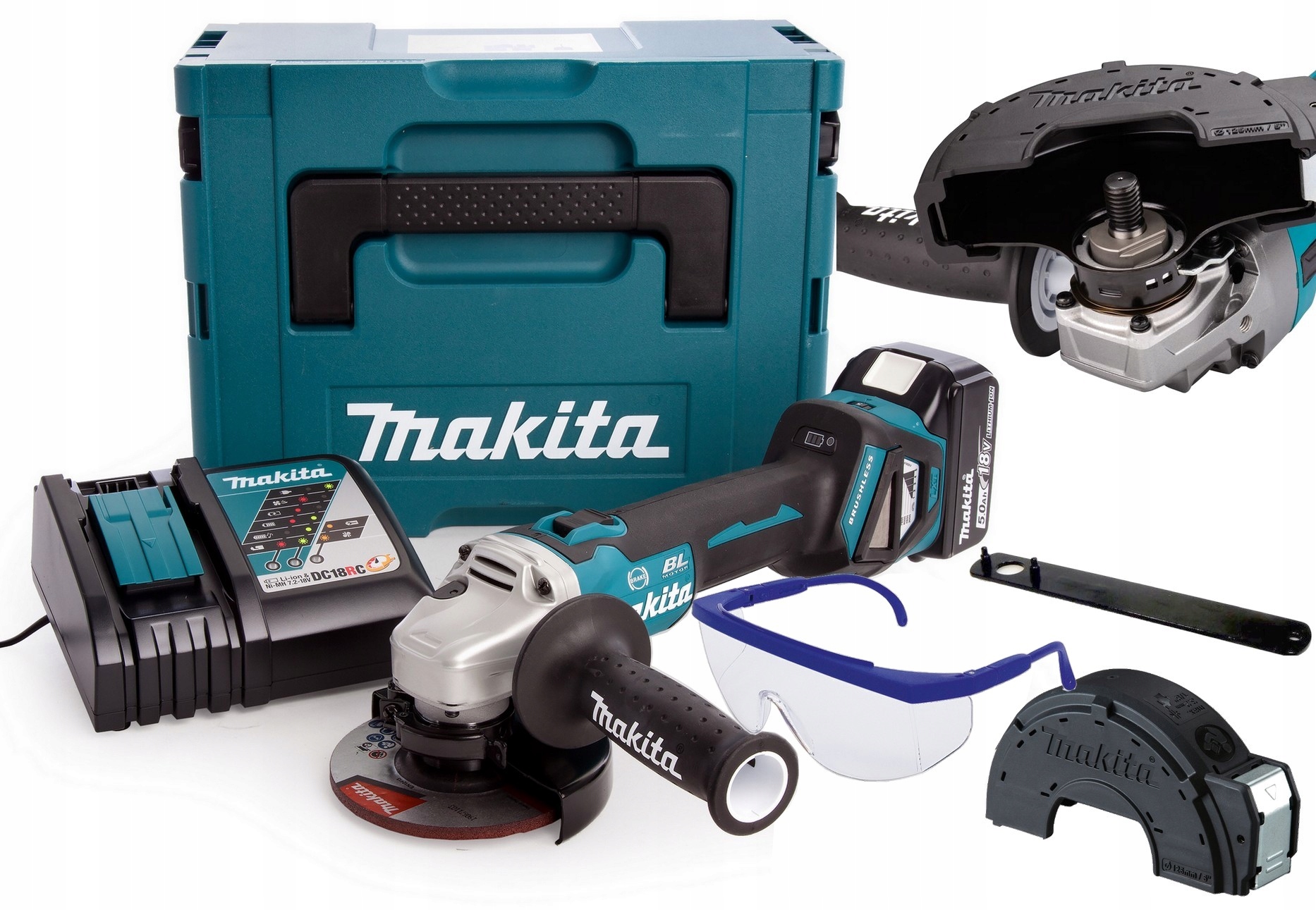 Makita DGA513RT1J Szlifierka Kątowa Akumulatorowa 18V 125mm 1x5Ah+ Okulary