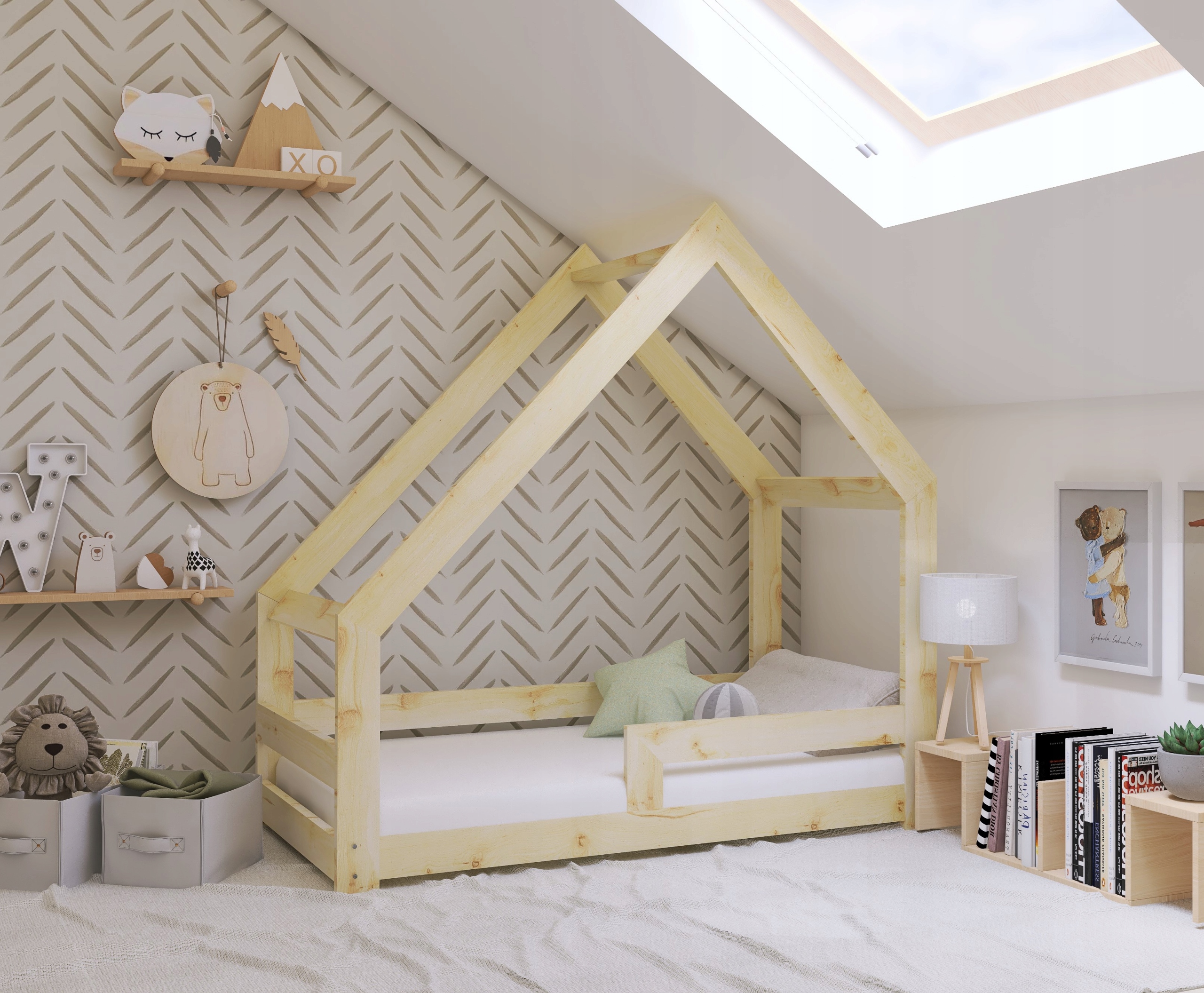 ŁÓŻKO DZIECIĘCE DOMEK 200x90 DLA DZIECKA DLA DZIECI + STELAŻ + BARIERKA W2