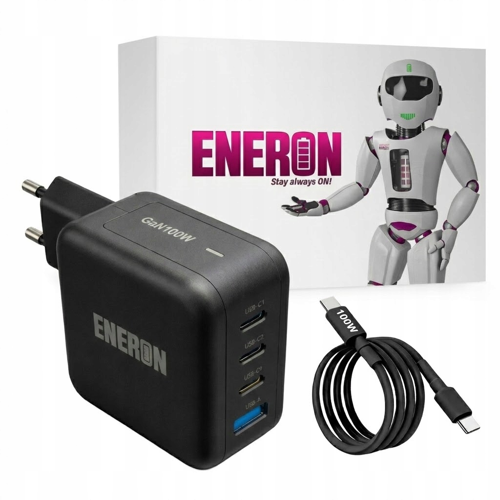 Szybka Ładowarka sieciowa GaN 100W 3xUSB-C 1xUSB-A czarna mocna