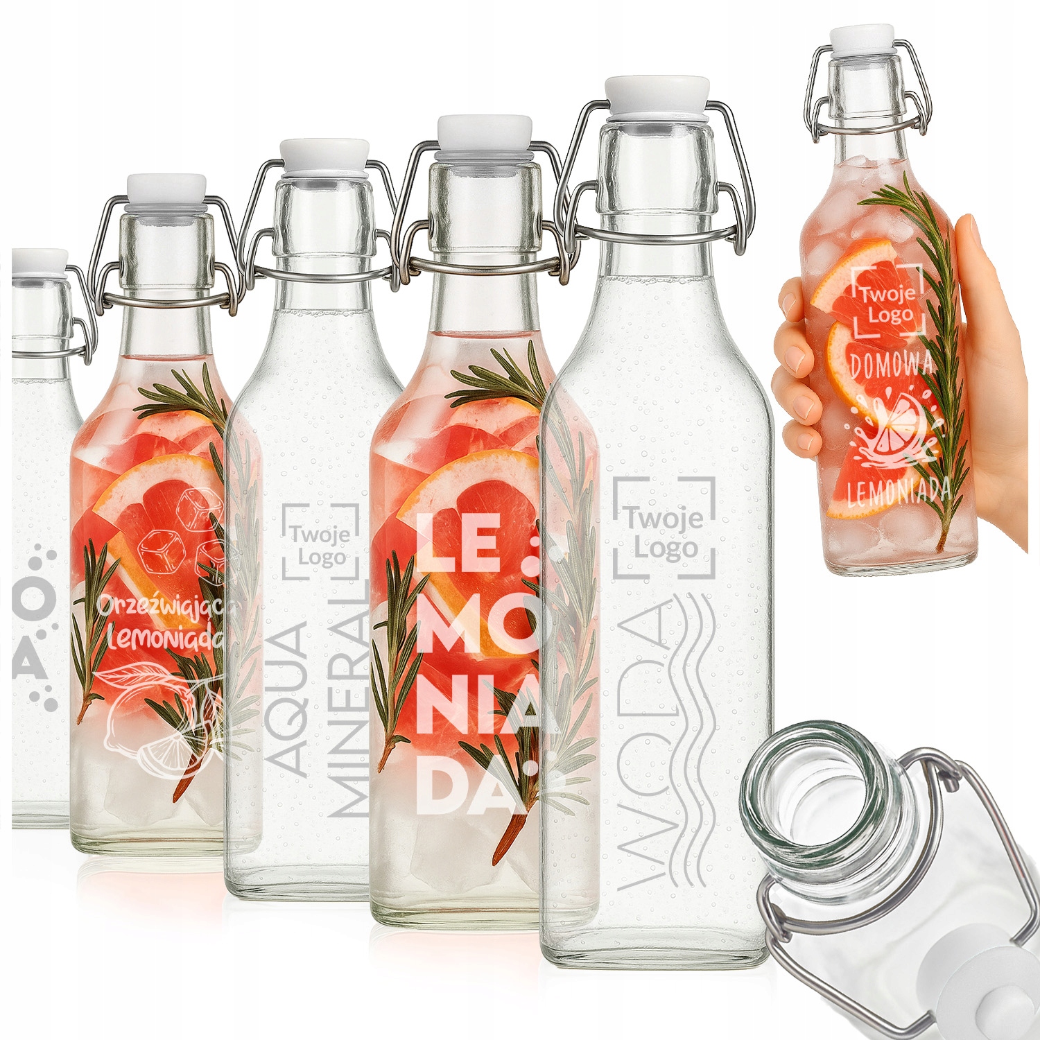 10 x Skleněné Lahve Gravírované Logo Firmy Na Vodu Limonáda Džus Čtverec 1000 ML