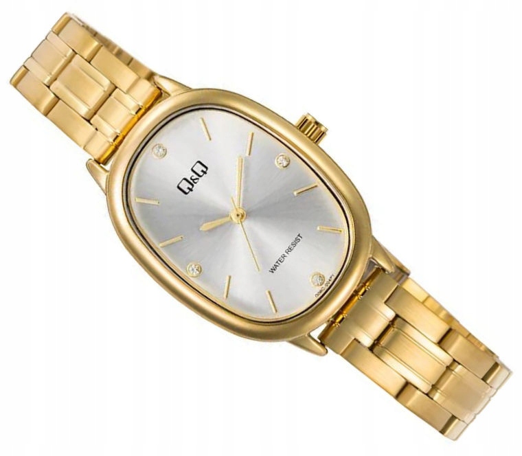 Elegantní Oválné Zlaté Dámské Hodinky Na Náramku Q&q Q06C-004P Zirkony