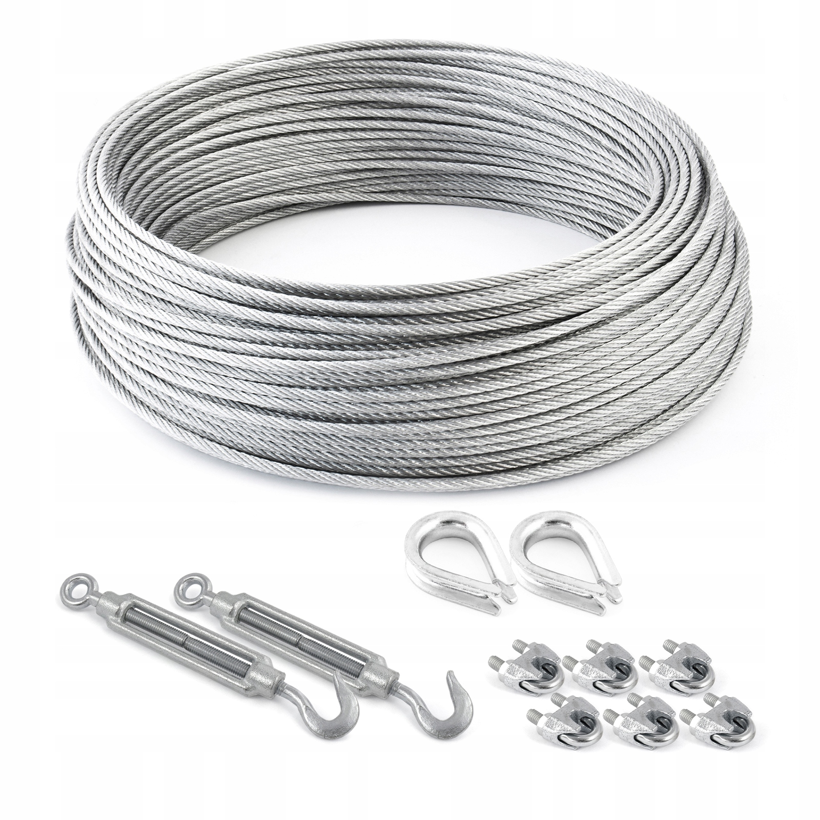 Sada lanového lana pozinkovaná 6 mm 6x19 20 m 6x svorka 2x šroub O-h 2x Kausza