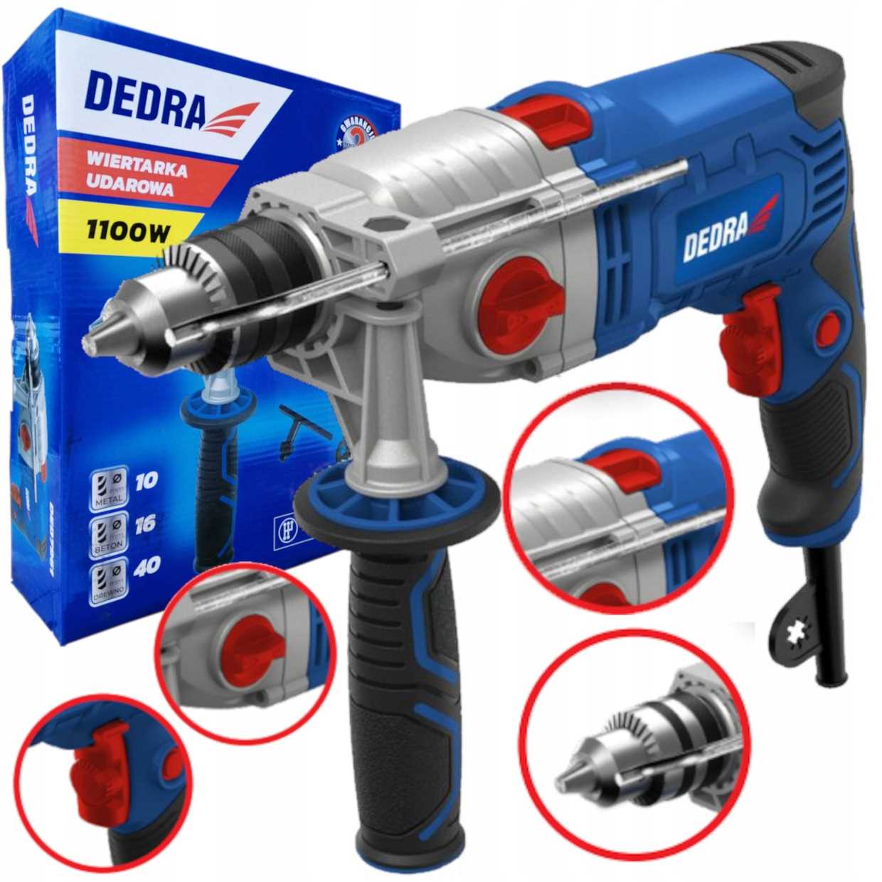 Příklepová Vrtačka Dedra DED7961 1100W 13MM 2-RYCHLOSTNÍ 20MM Beton