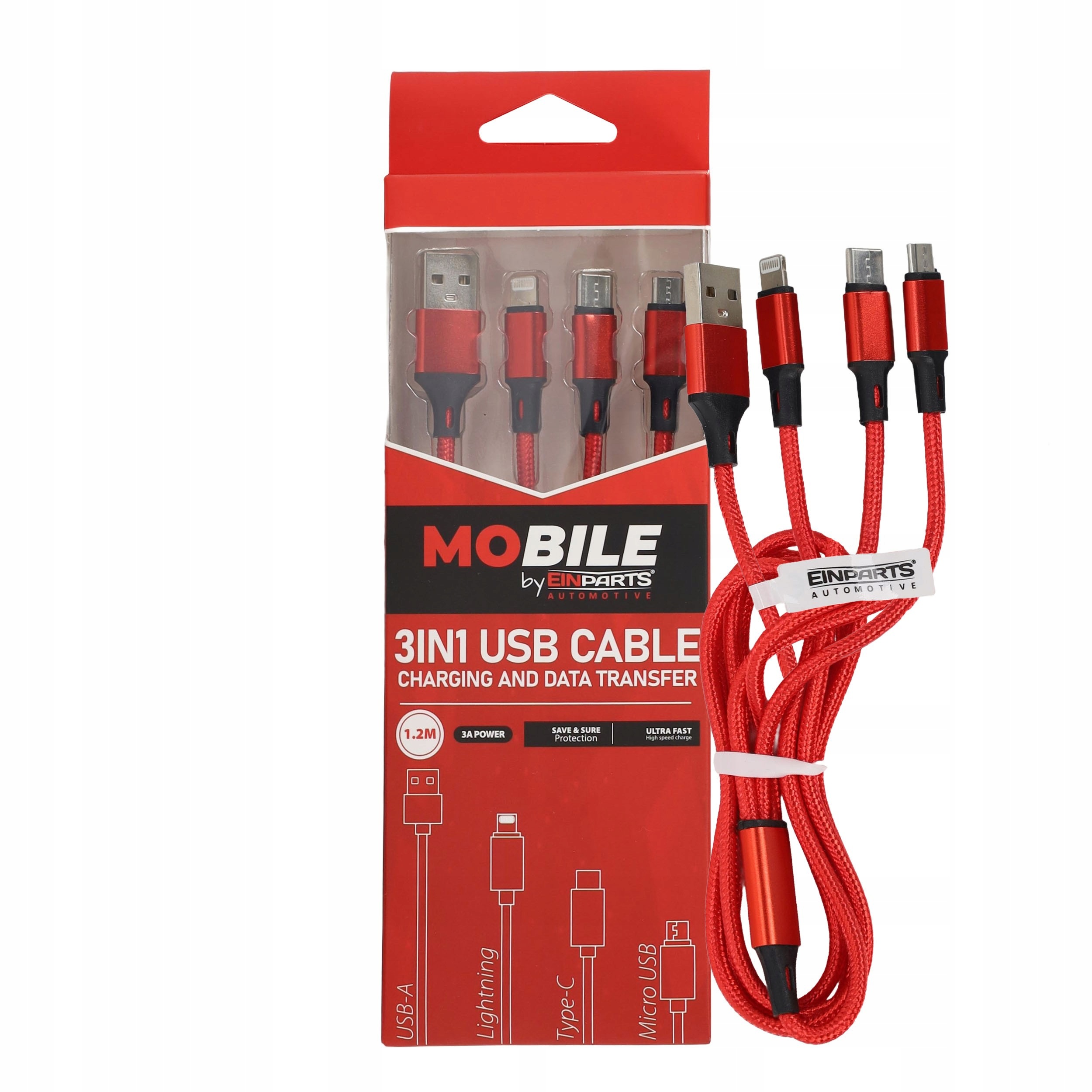 Kabel 3w1 Usb-c micro Usb Lightning 1,2 m czerwony EPMOB10