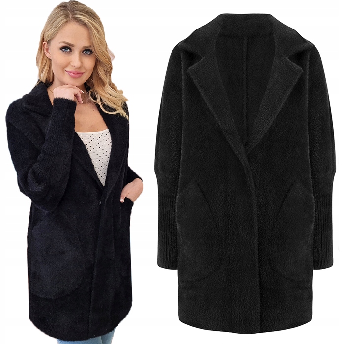 Alpaka Ciepły Płaszcz Narzutka Wełna Czarny