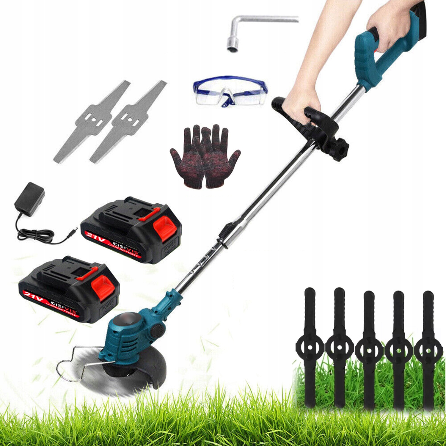 Motorový Křovinořez Akumulátorová Zahradní Sekačka 900W s 3 různými čepelemi Sada