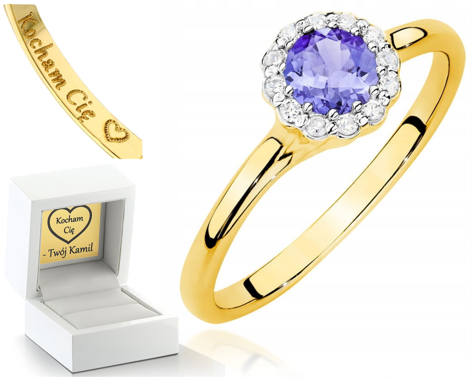 Zlatý Prstýnek Prsten S Diamanty A Tanzanitem, Žluté Zlato, Gravírování 585