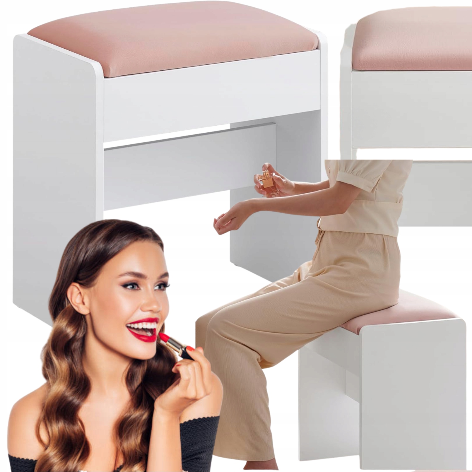 Stolička na toaletu Sedadlo Kreslo Pufa Biela Ružová Čalúnená