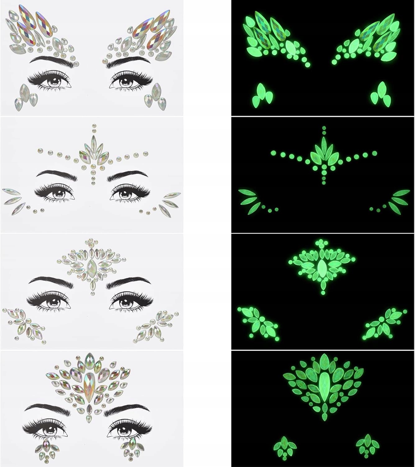 Samolepící Křišťály Na Obličej svítící ve tmě, dekorativní, 4 ks