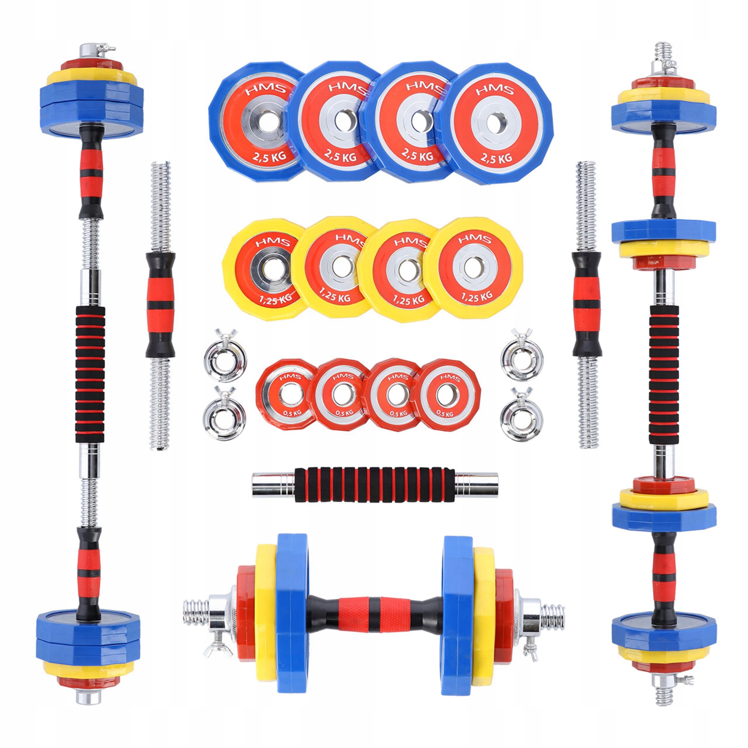 Sada 2v1 chromované jednoručky činky s nastavitelnou hmotností, možnost spojení do jedné osy 20 kg SKC20 Hms