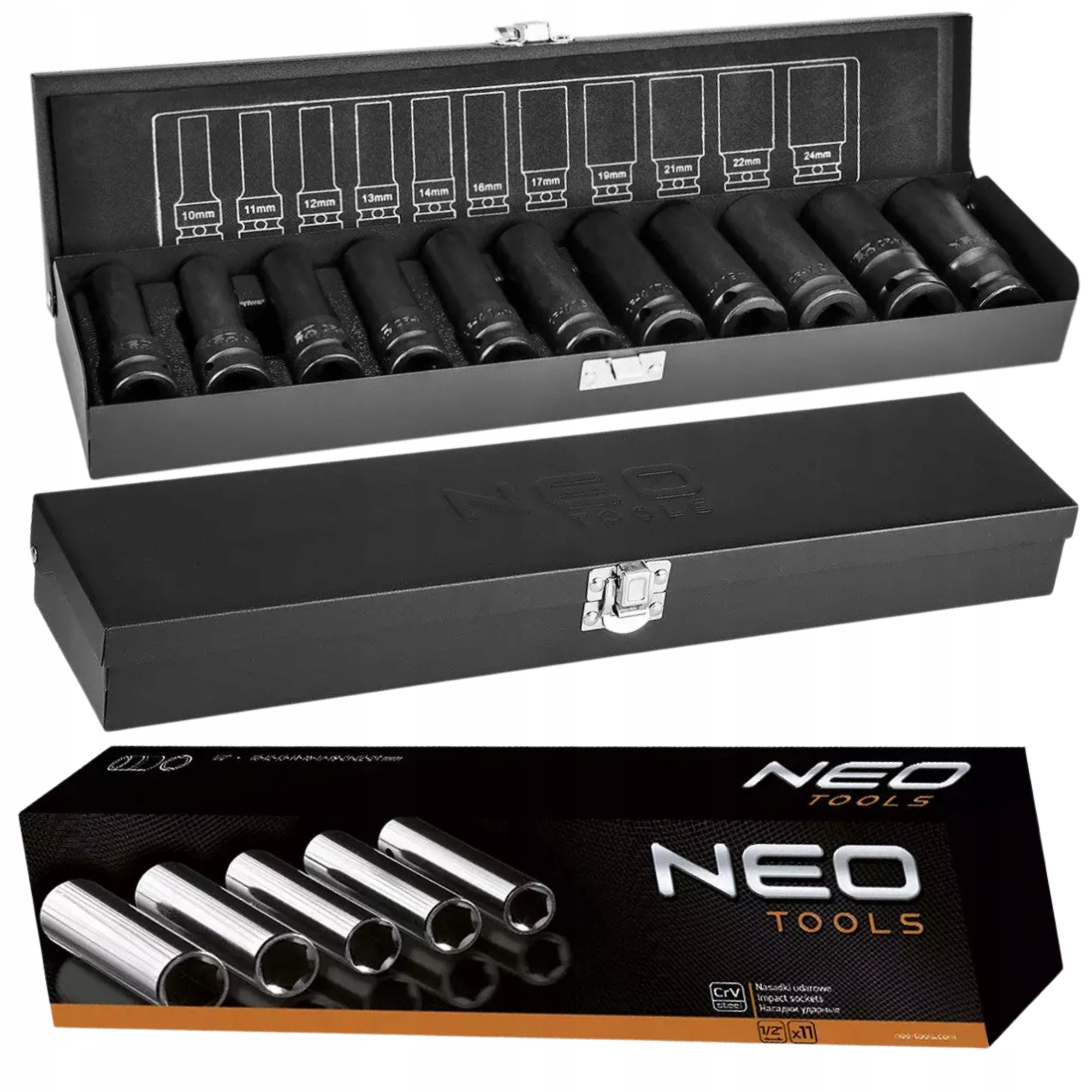 Zestaw Długich Głębokich Nasadek Udarowych do Kół 11 szt. 1/2" 10-24mm Neo