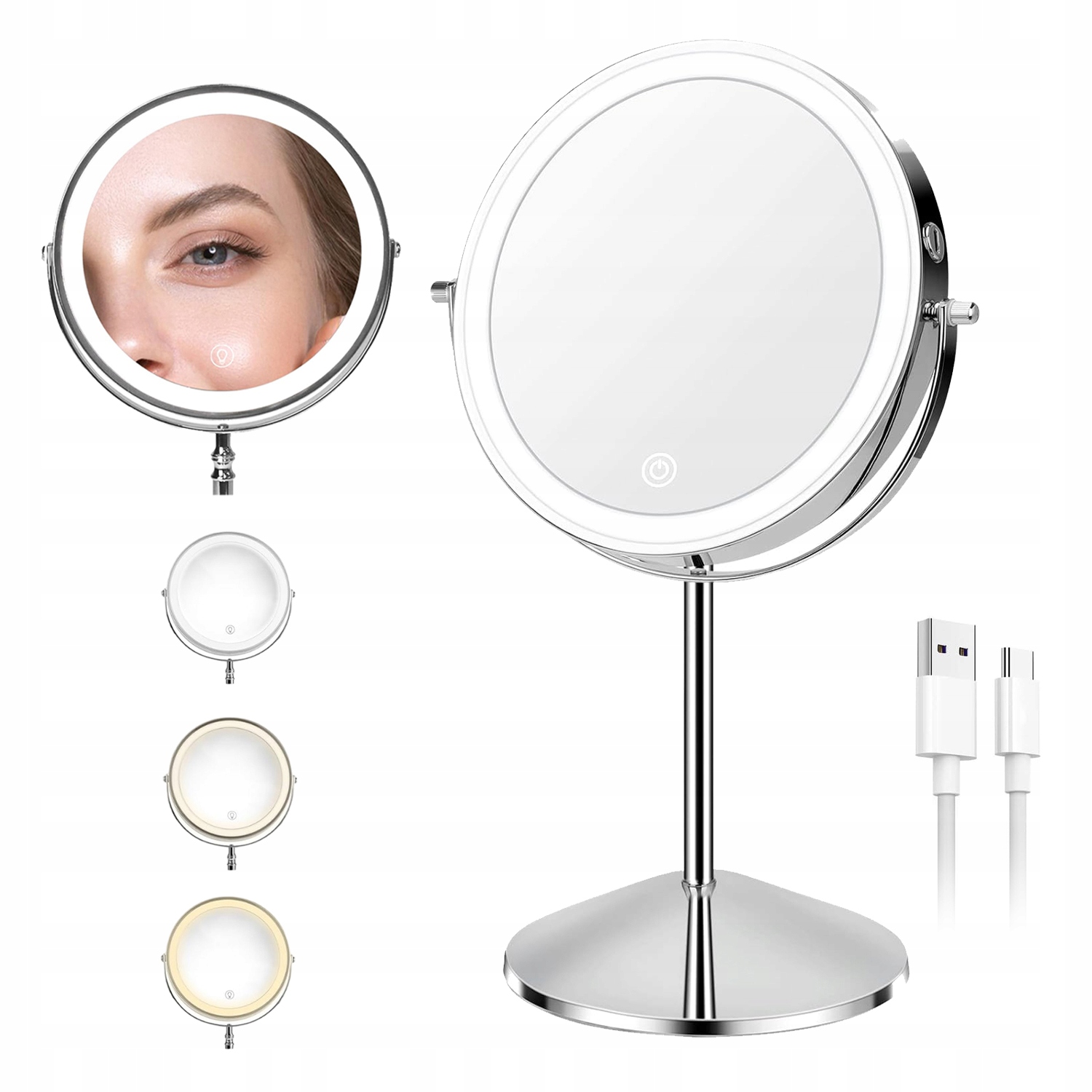 Kosmetické Zrcátko Podsvícené 3 Barvami Led Otočné O 360° Pro Líčení