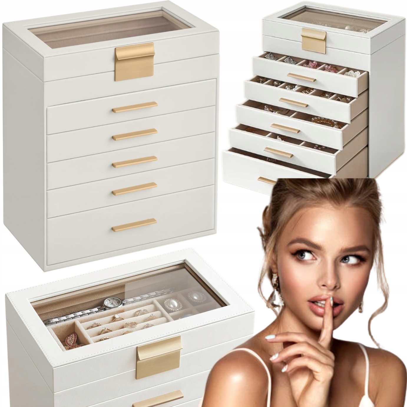 Krabička Velká krabička na šperky se sklem Organizér 6 úrovní Bílá