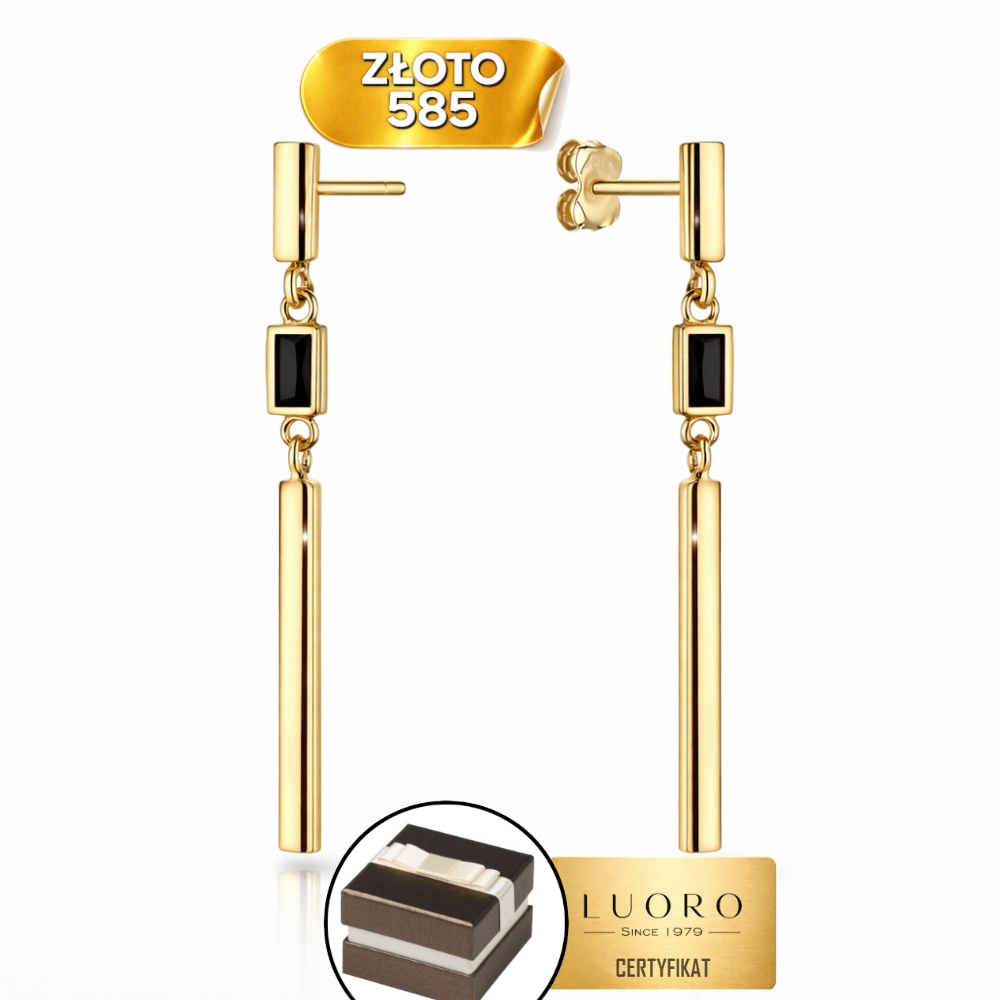 Náušnice Zlaté 585 14K Závěsné Tyčinky Černý Kámen Obdélník 29 MM